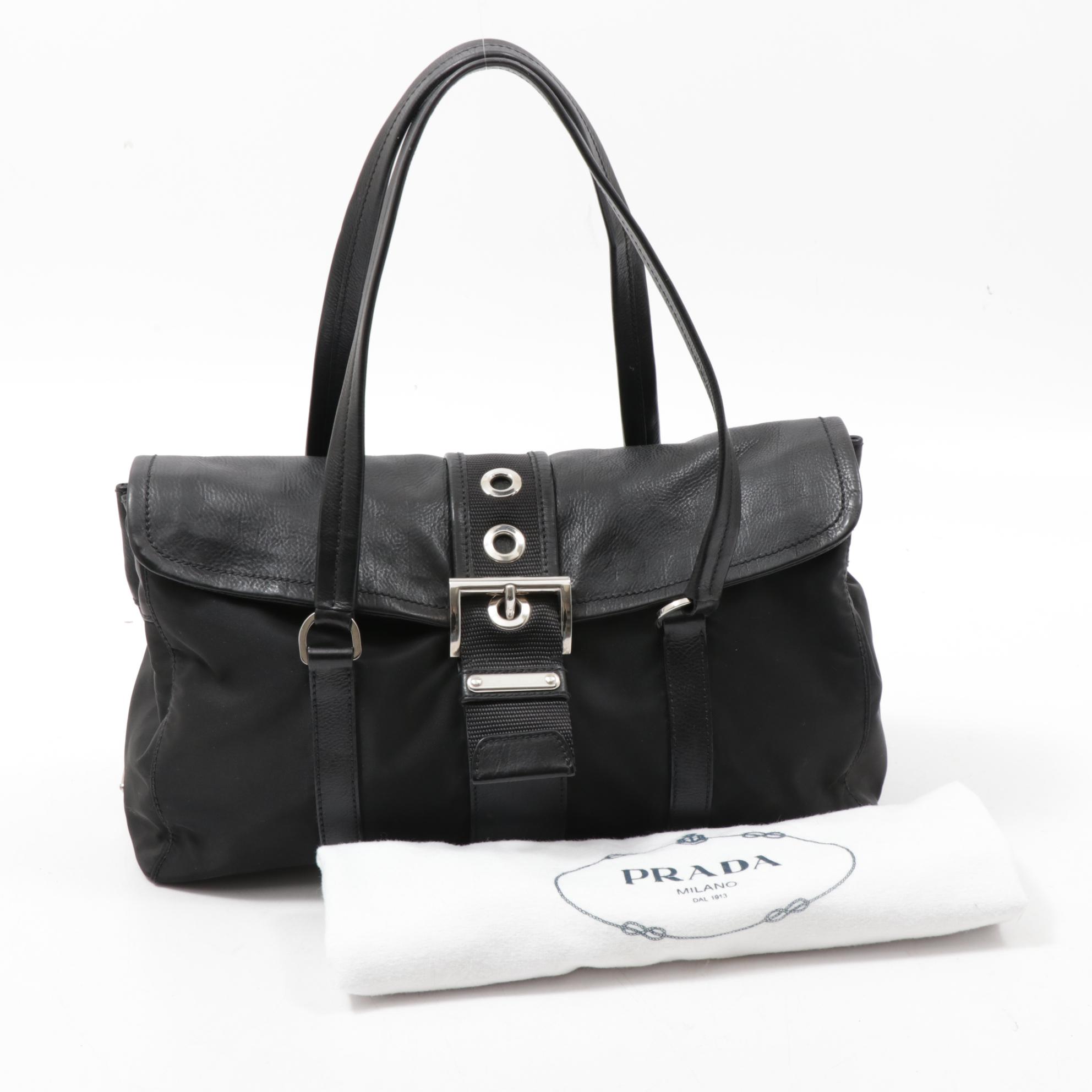 Prada Black Leather and Tessuto Nylon Buckle Flap Shoulder Bag