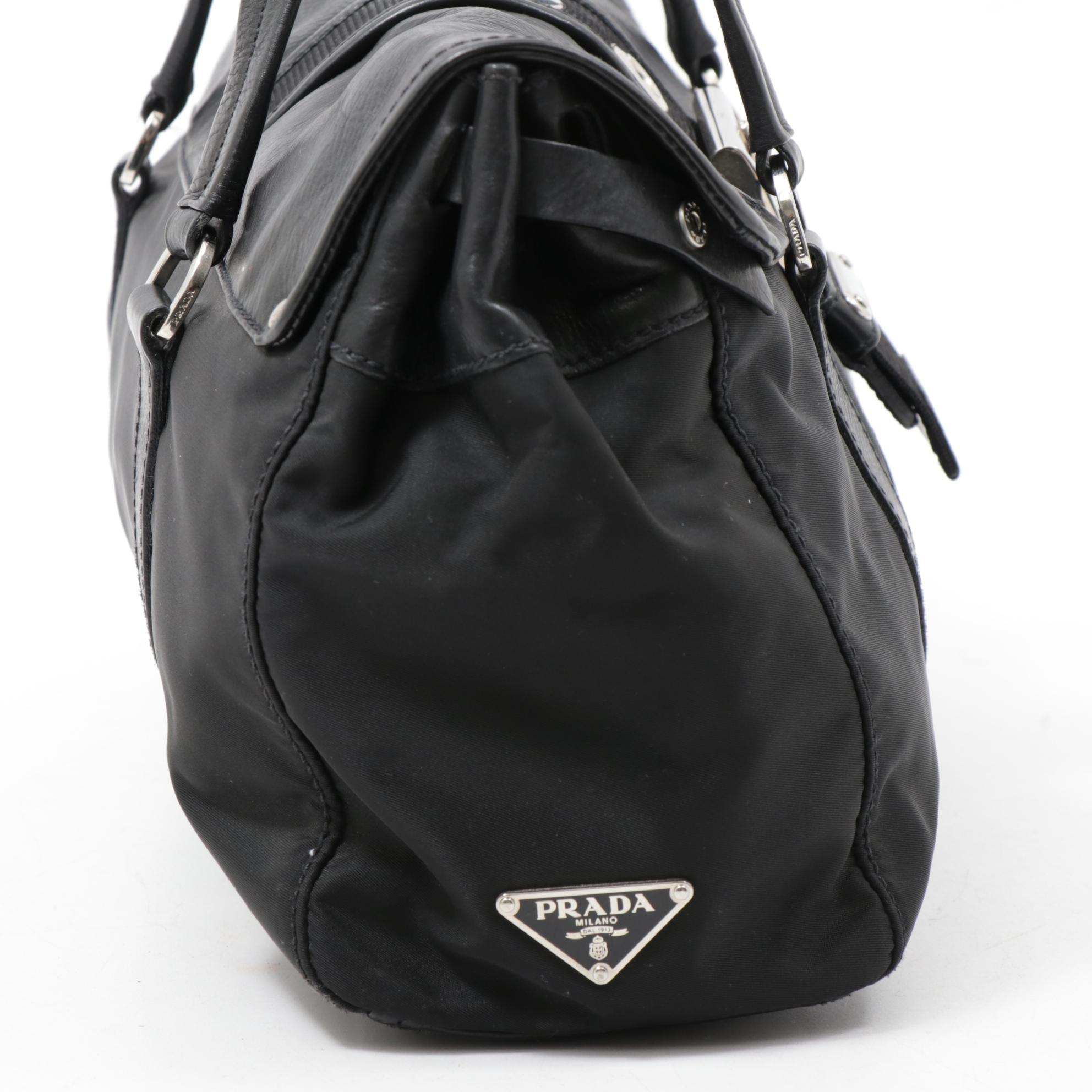 Prada Black Leather and Tessuto Nylon Buckle Flap Shoulder Bag