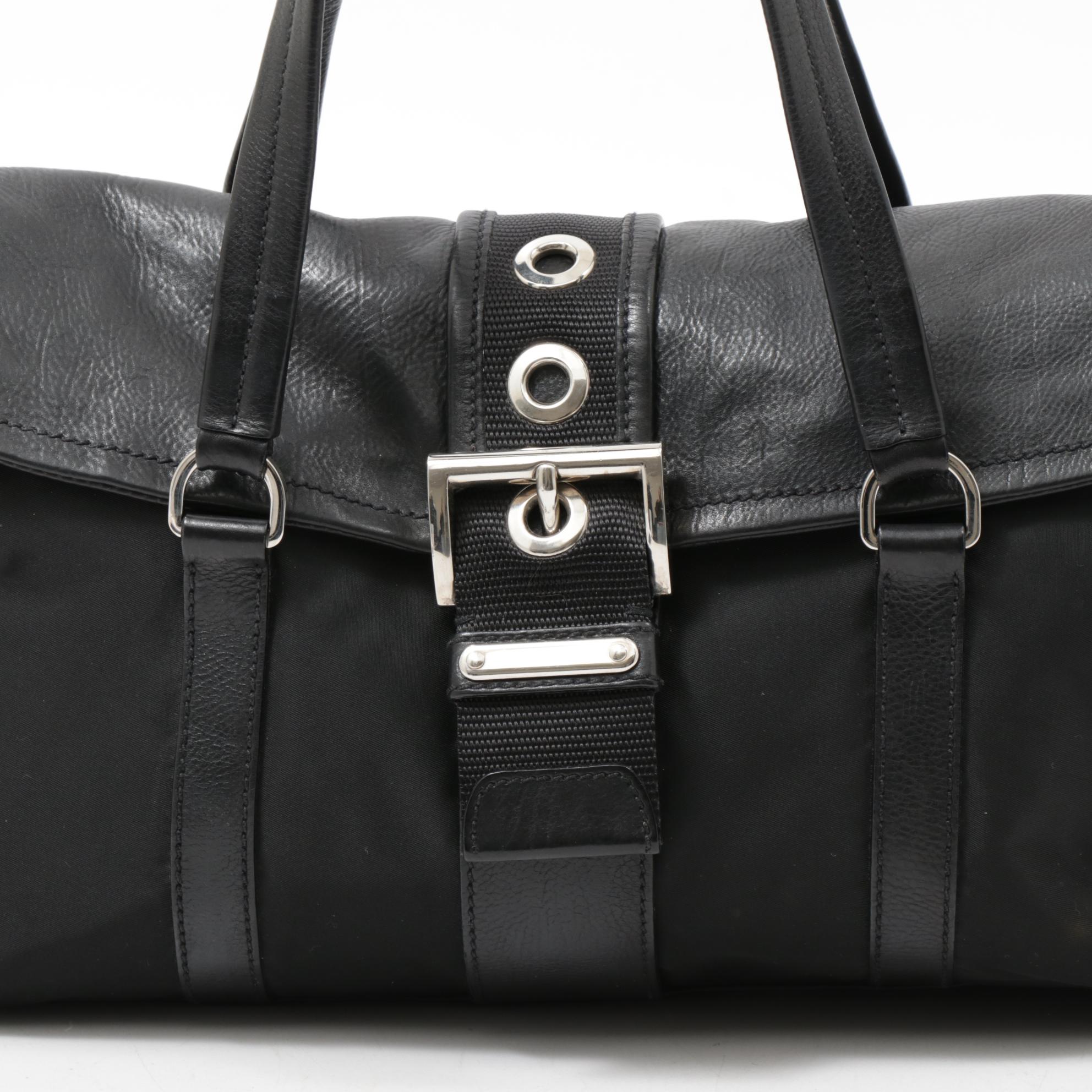 Prada Black Leather and Tessuto Nylon Buckle Flap Shoulder Bag