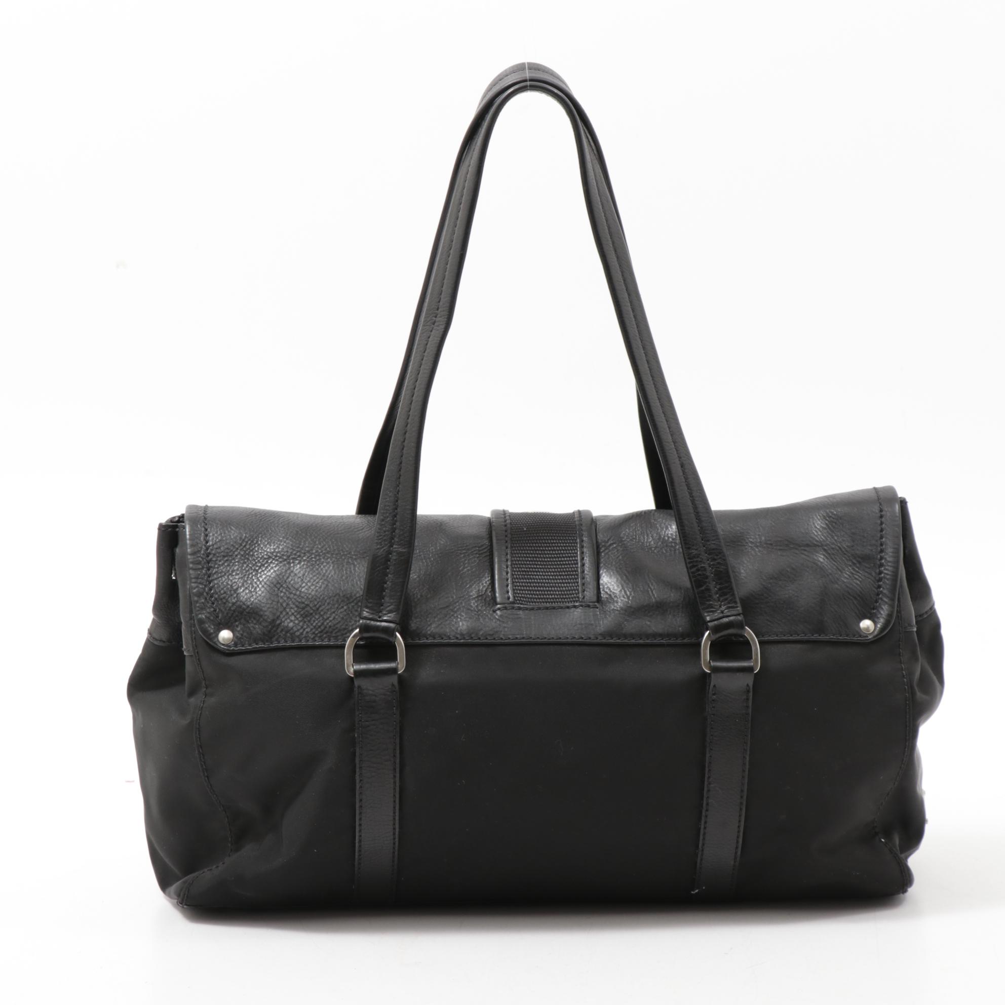 Prada Black Leather and Tessuto Nylon Buckle Flap Shoulder Bag