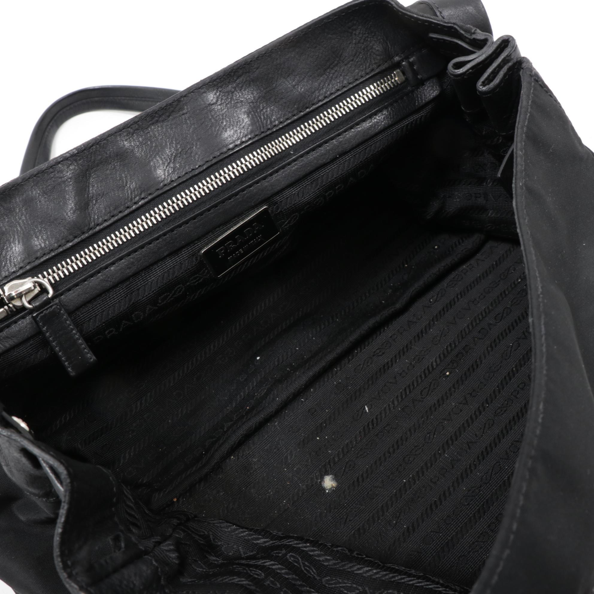 Prada Black Leather and Tessuto Nylon Buckle Flap Shoulder Bag