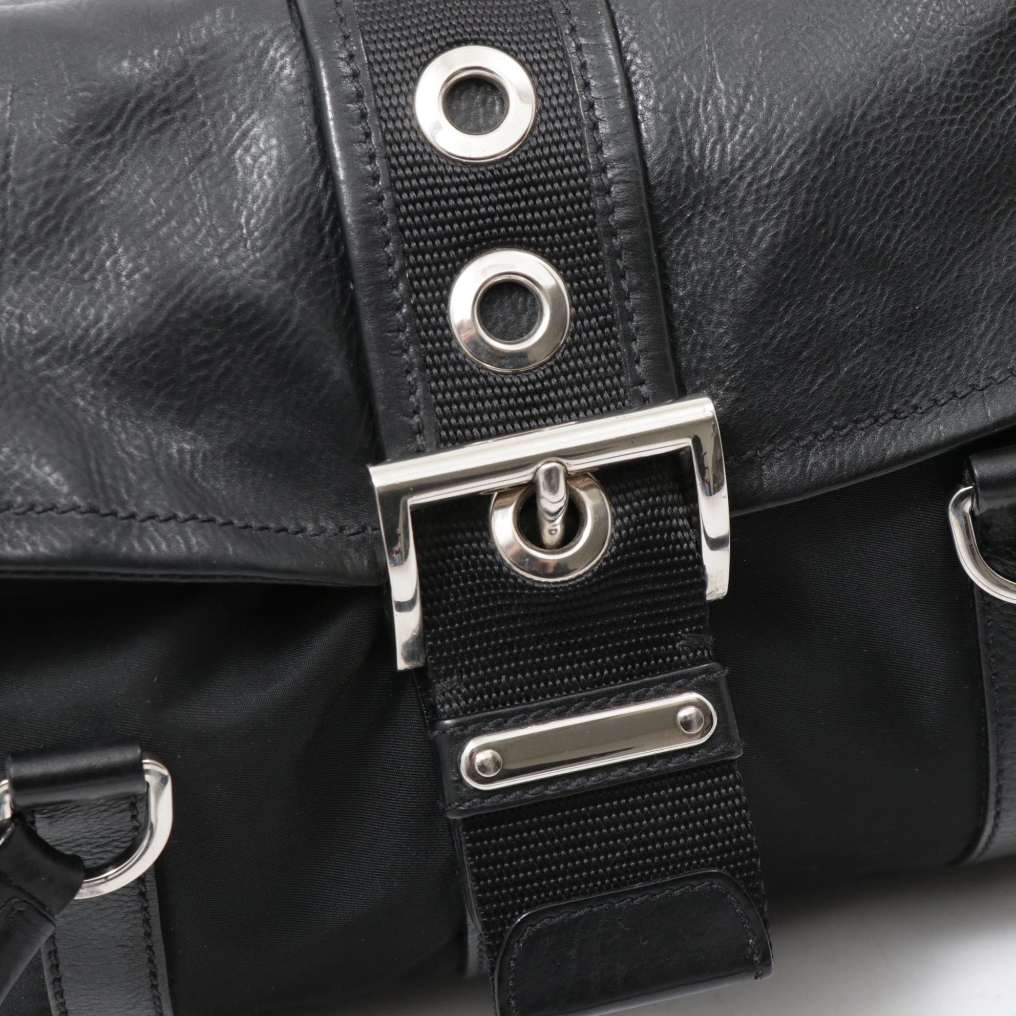Prada Black Leather and Tessuto Nylon Buckle Flap Shoulder Bag
