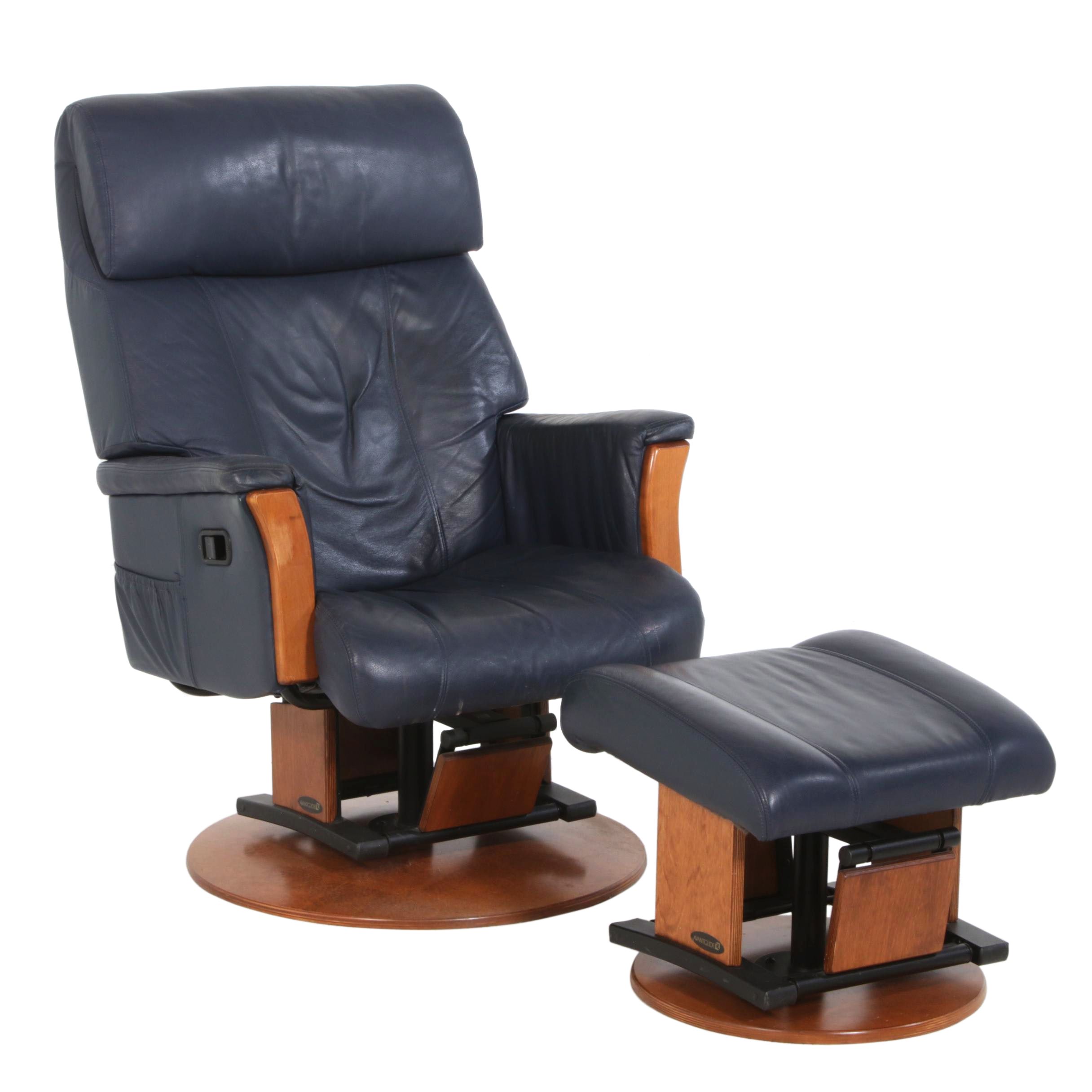 Avantglide Navy Leather Lounge Chair and Ottoman