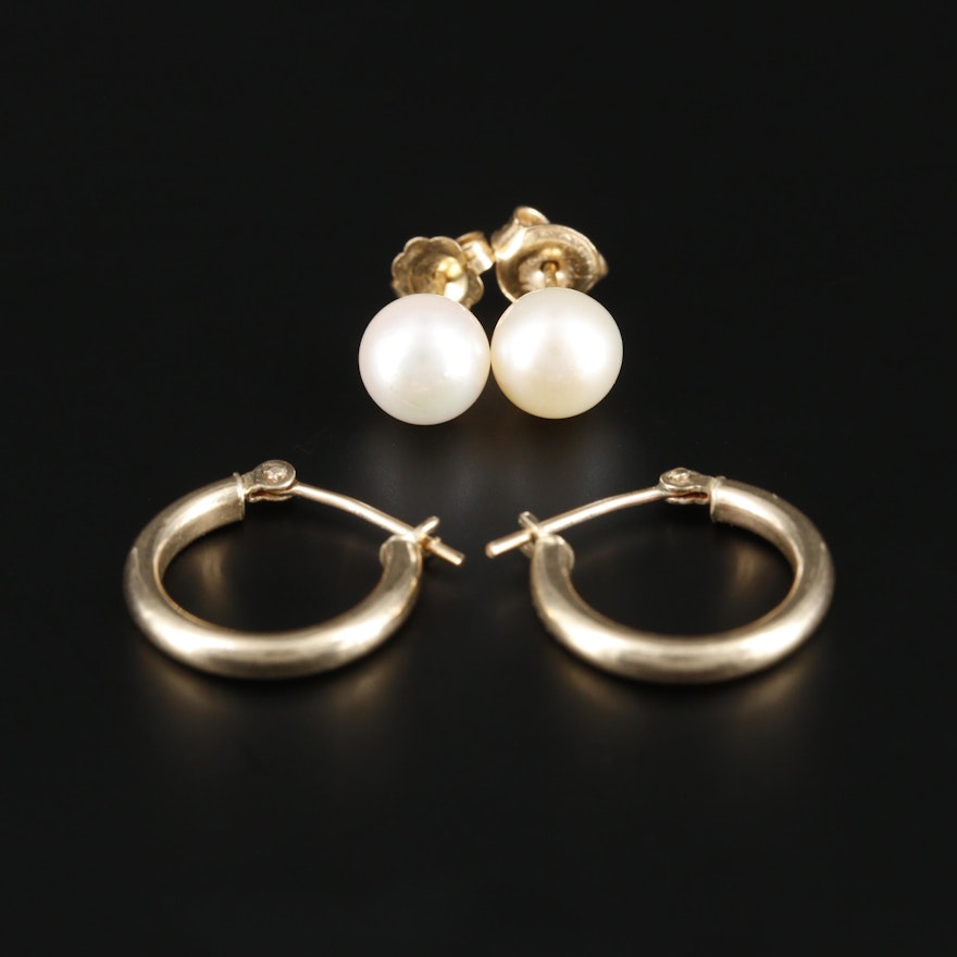 14K Yellow Gold Pearl Stud Earrings with Hoop Earrings