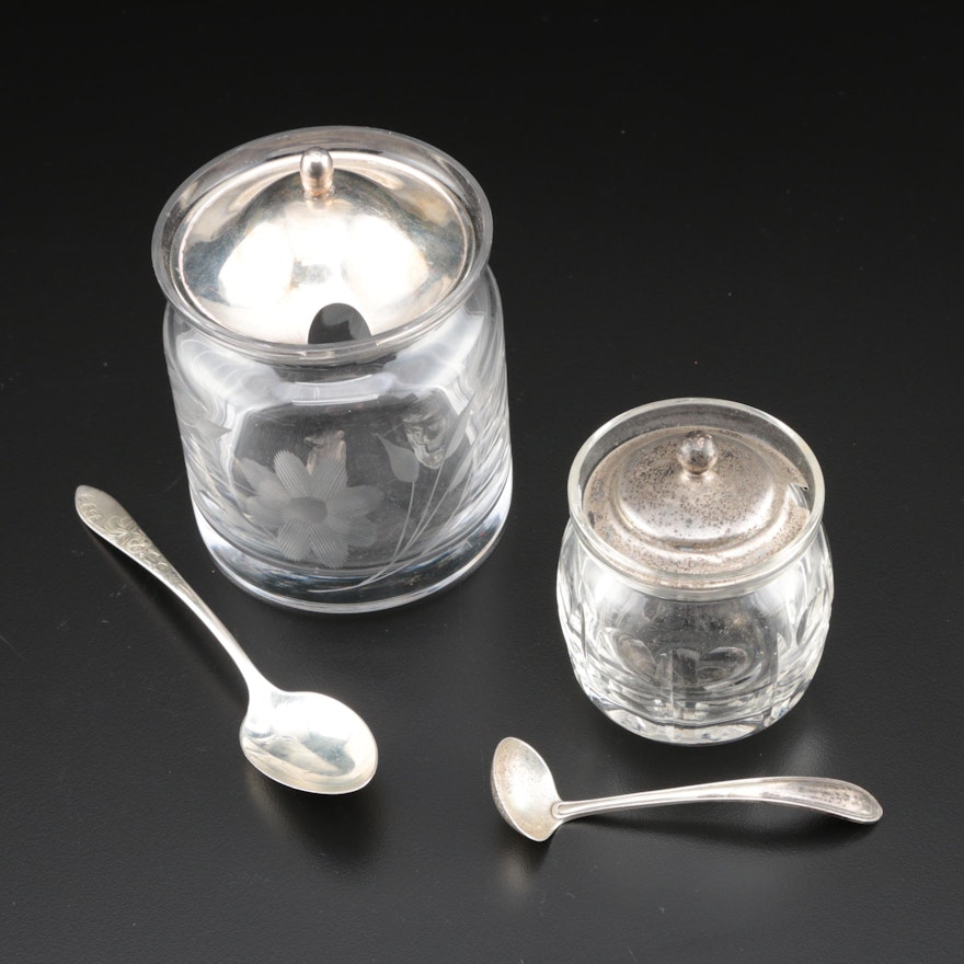 Gorham and Dominick & Haff Sterling Silver and Glass Sugar Holder and Jam Jar