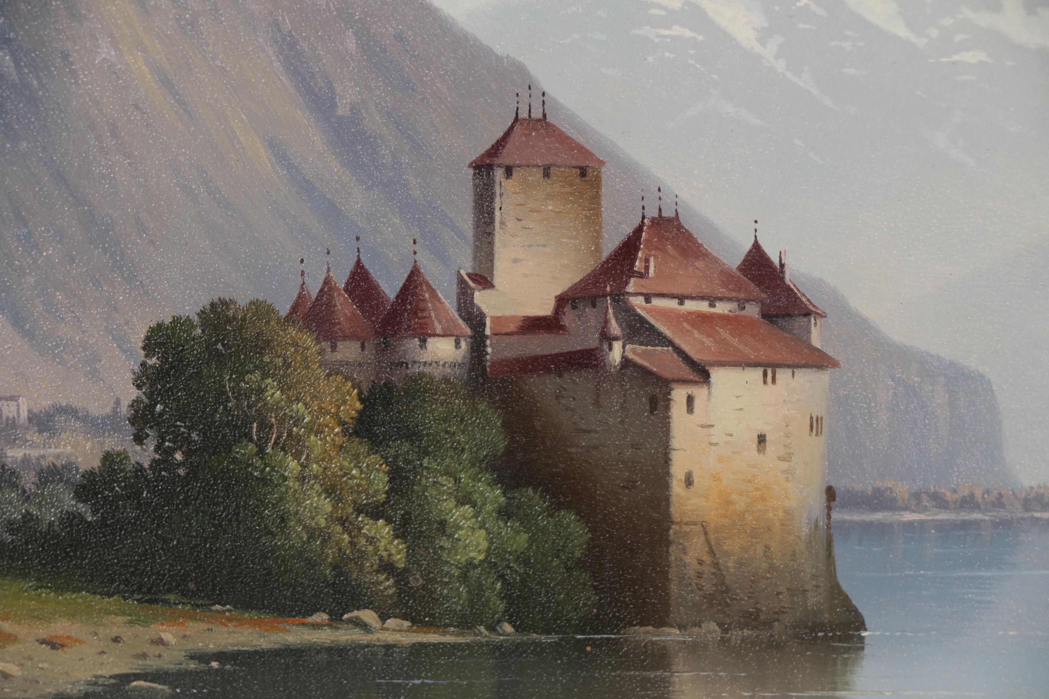 Oil Painting of Château de Chillon, Early 20th Century