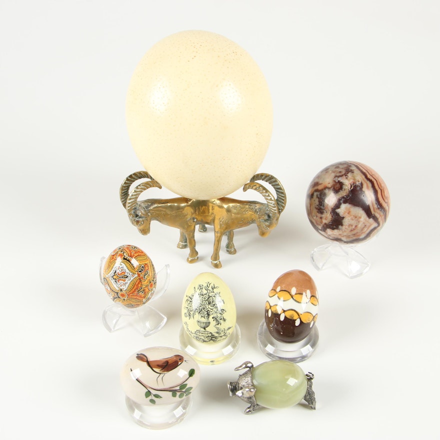 Hand-Painted Porcelain Decorative Eggs and Brass Ram Figurine