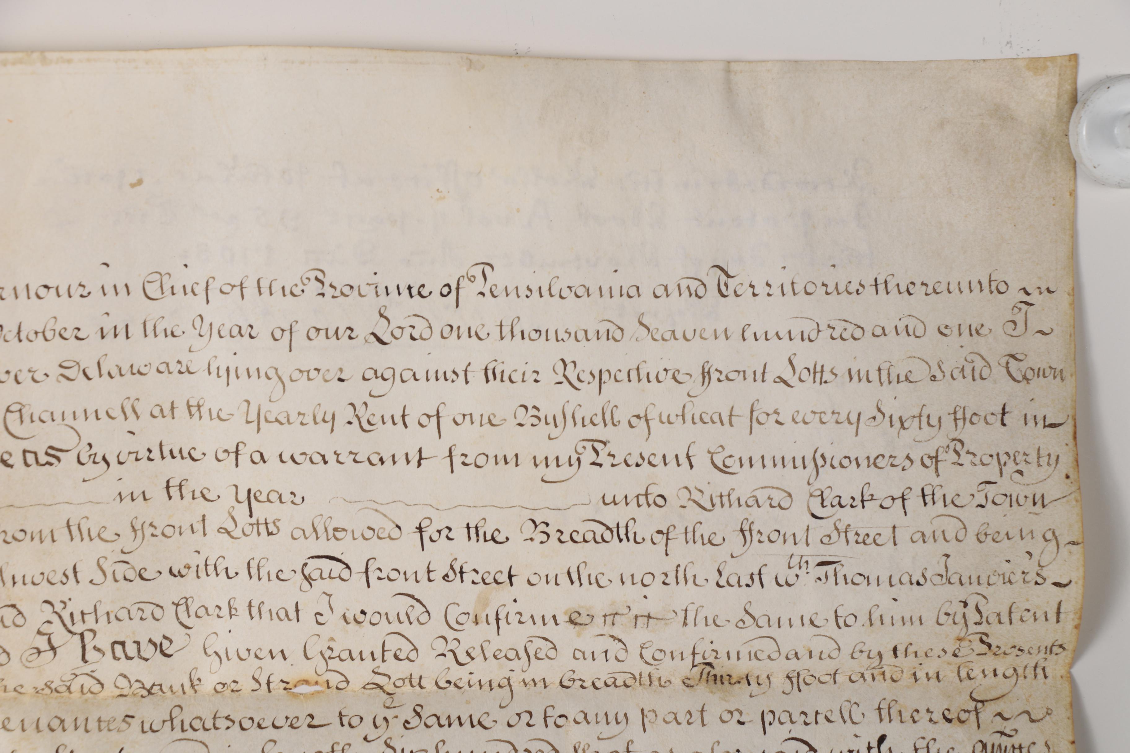 William Penn Land Grant For "The Strand" in New Castle, Delaware, 1708