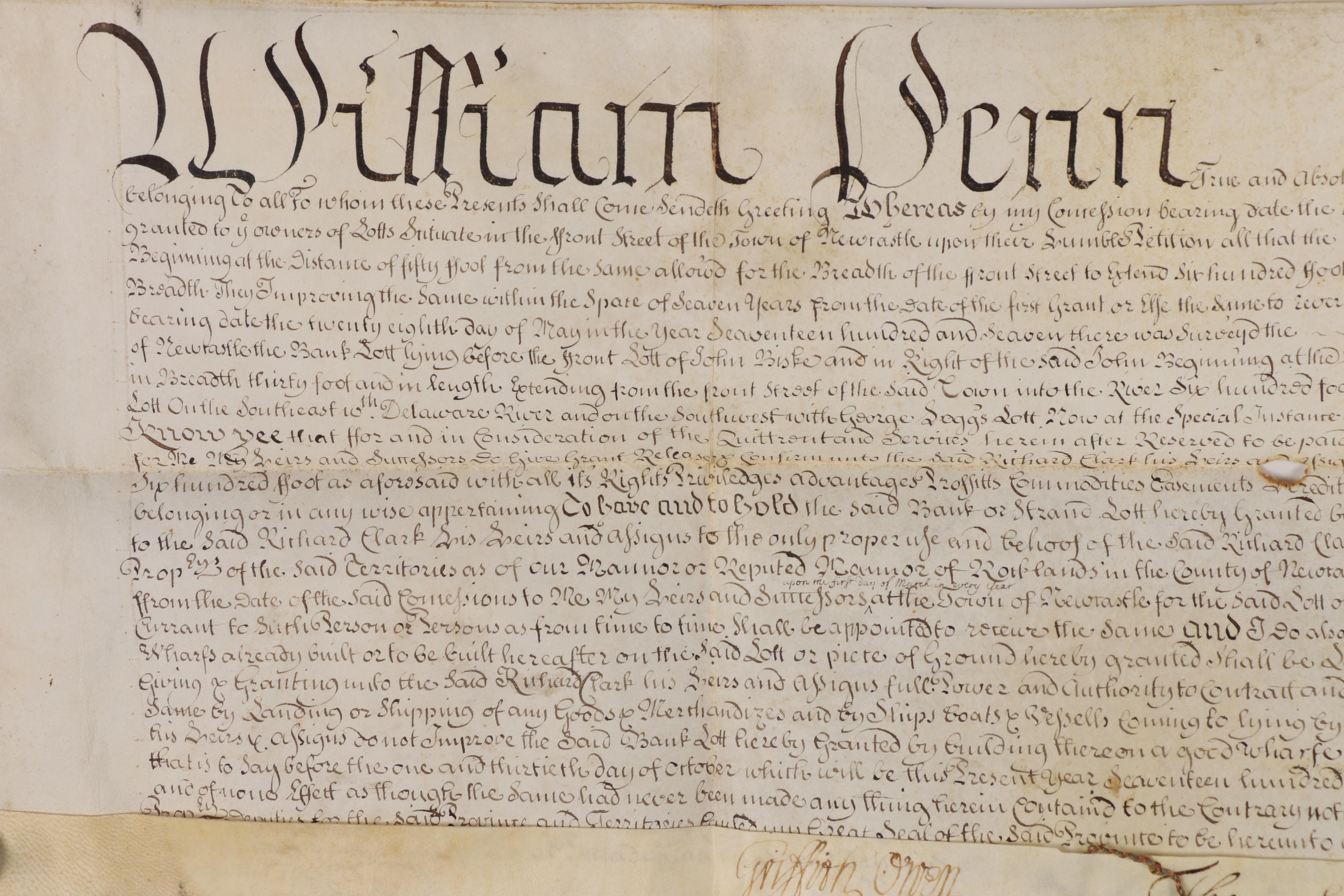 William Penn Land Grant For "The Strand" in New Castle, Delaware, 1708