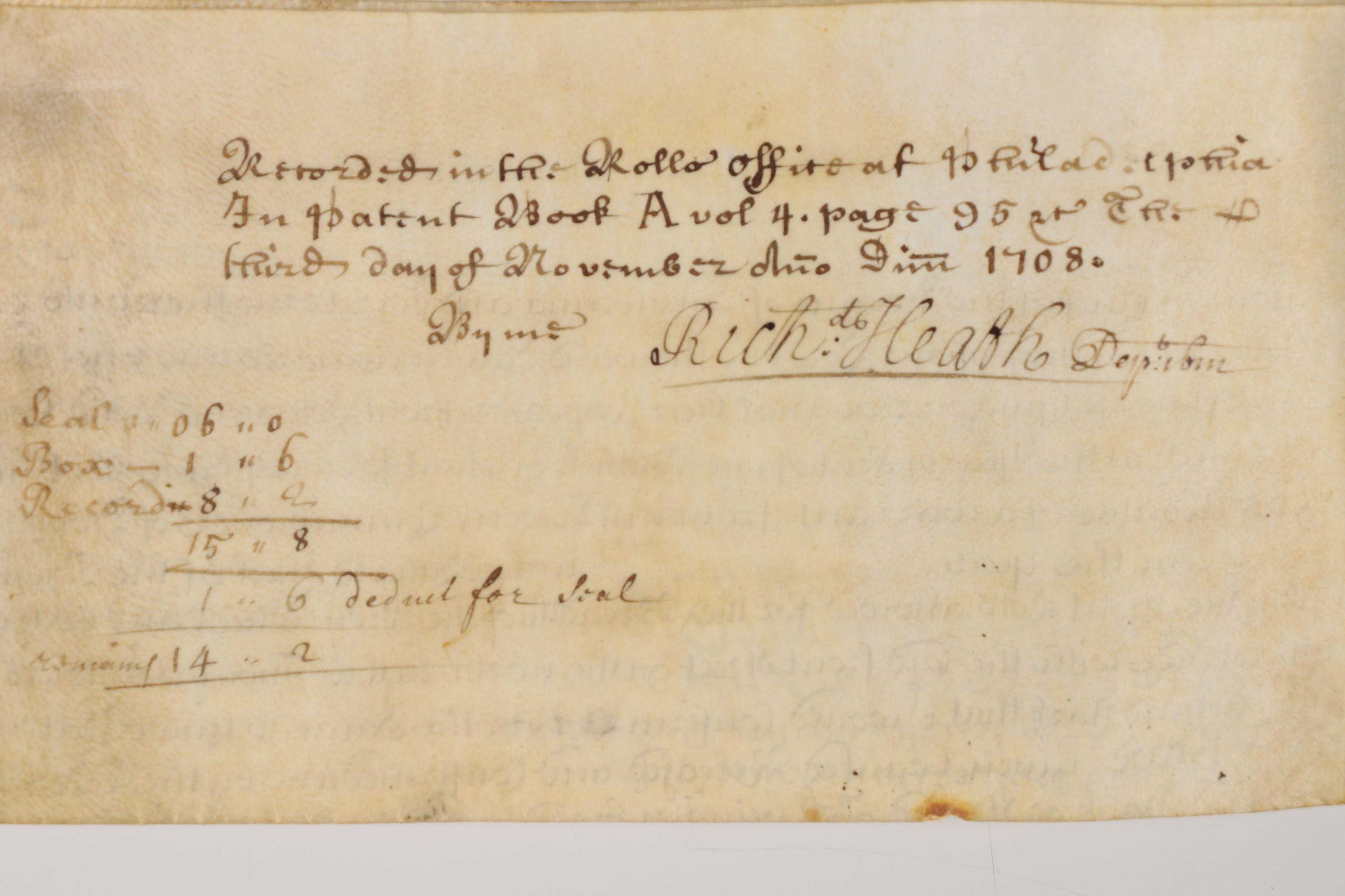 William Penn Land Grant For "The Strand" in New Castle, Delaware, 1708