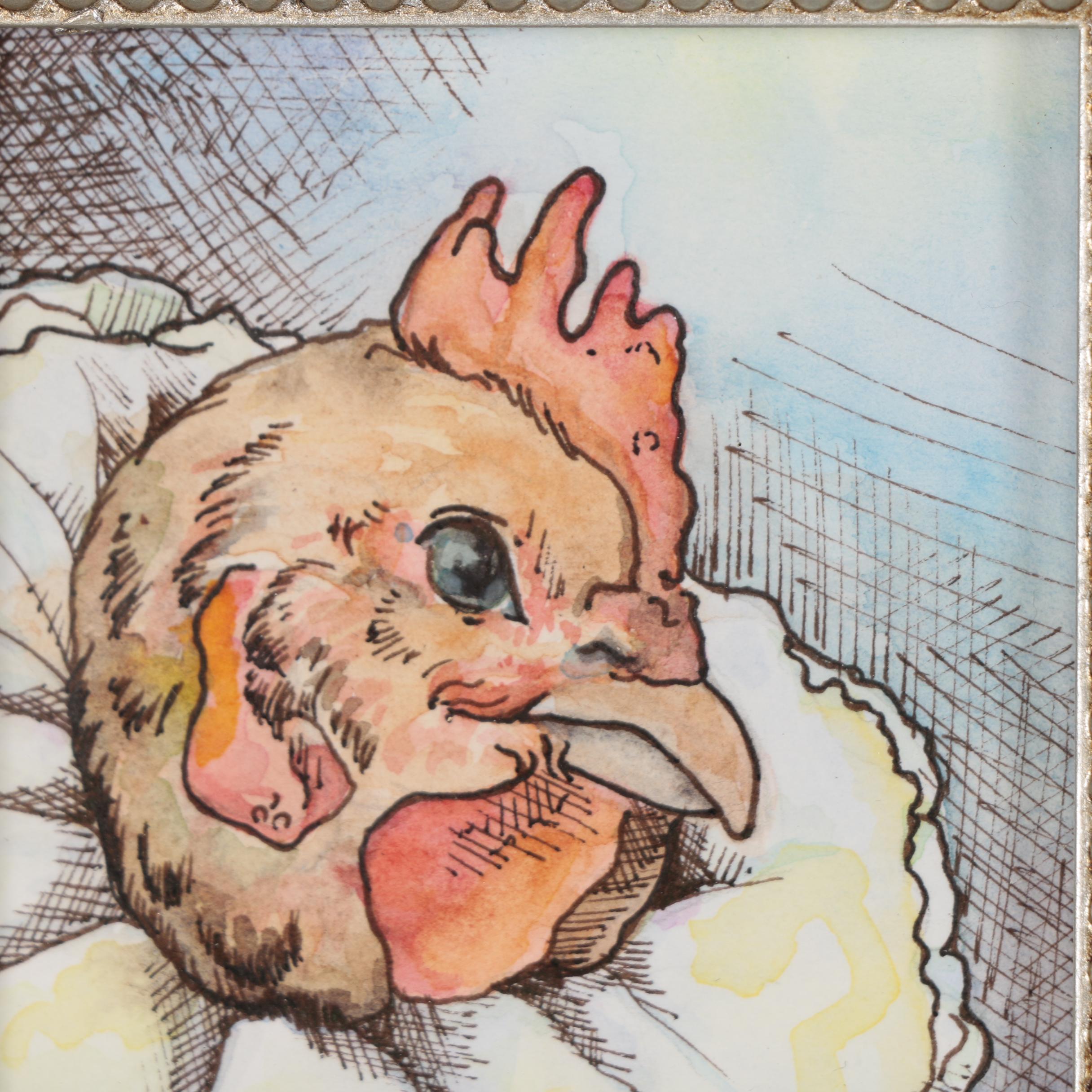 Watercolor Portrait Painting of Anthropomorphic Chicken