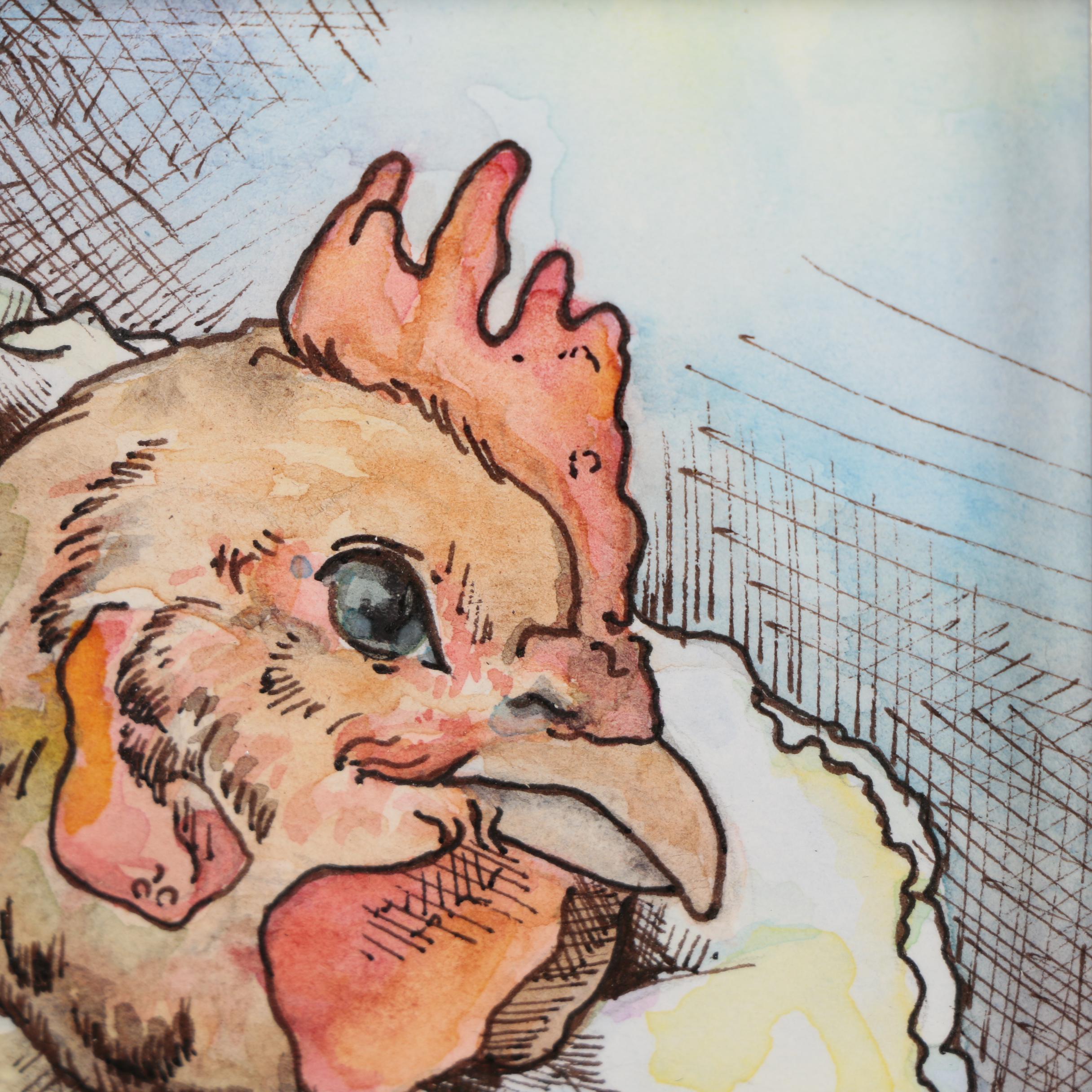 Watercolor Portrait Painting of Anthropomorphic Chicken
