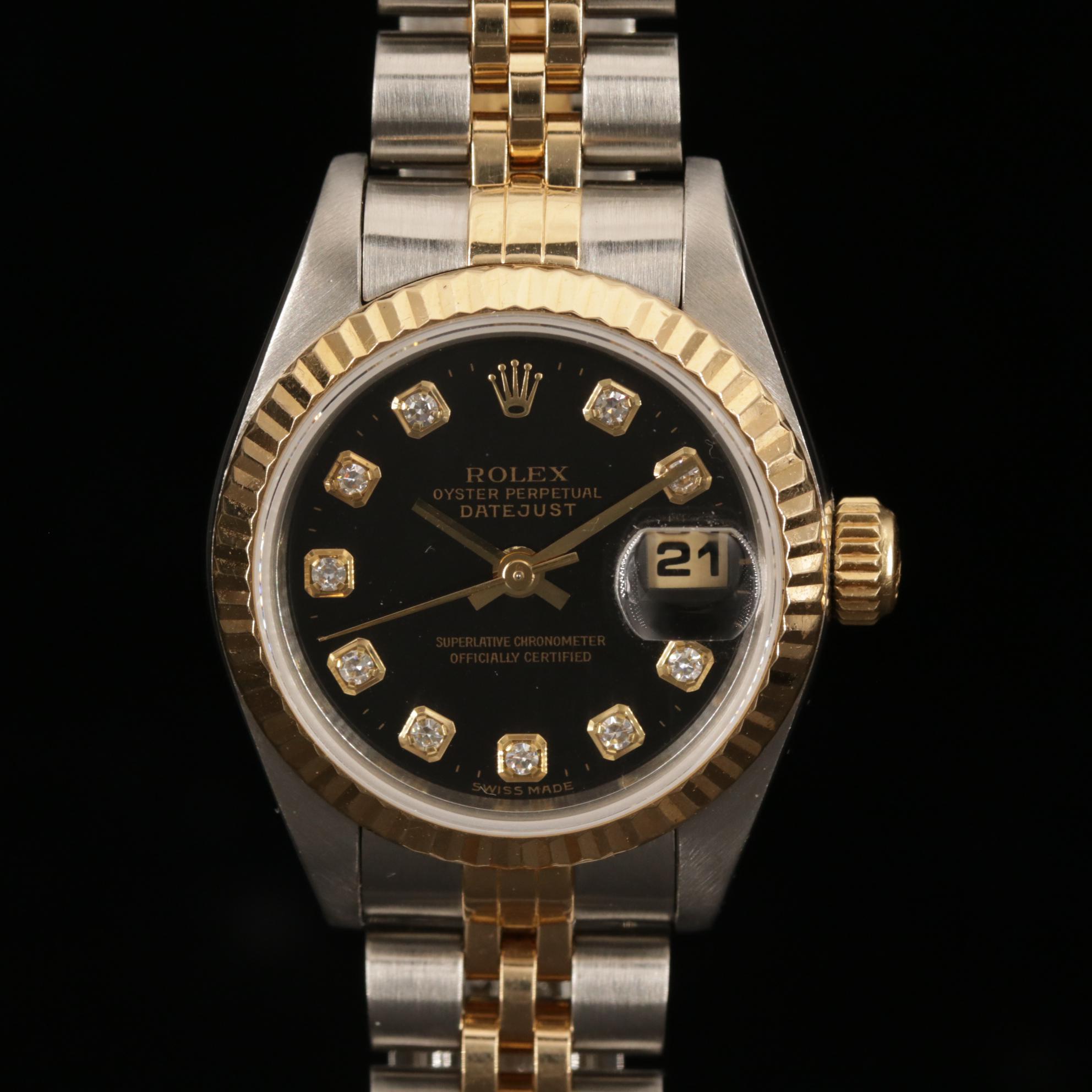 Rolex Datejust Factory Black Serti Diamond Dial 18K Gold and Steel Watch