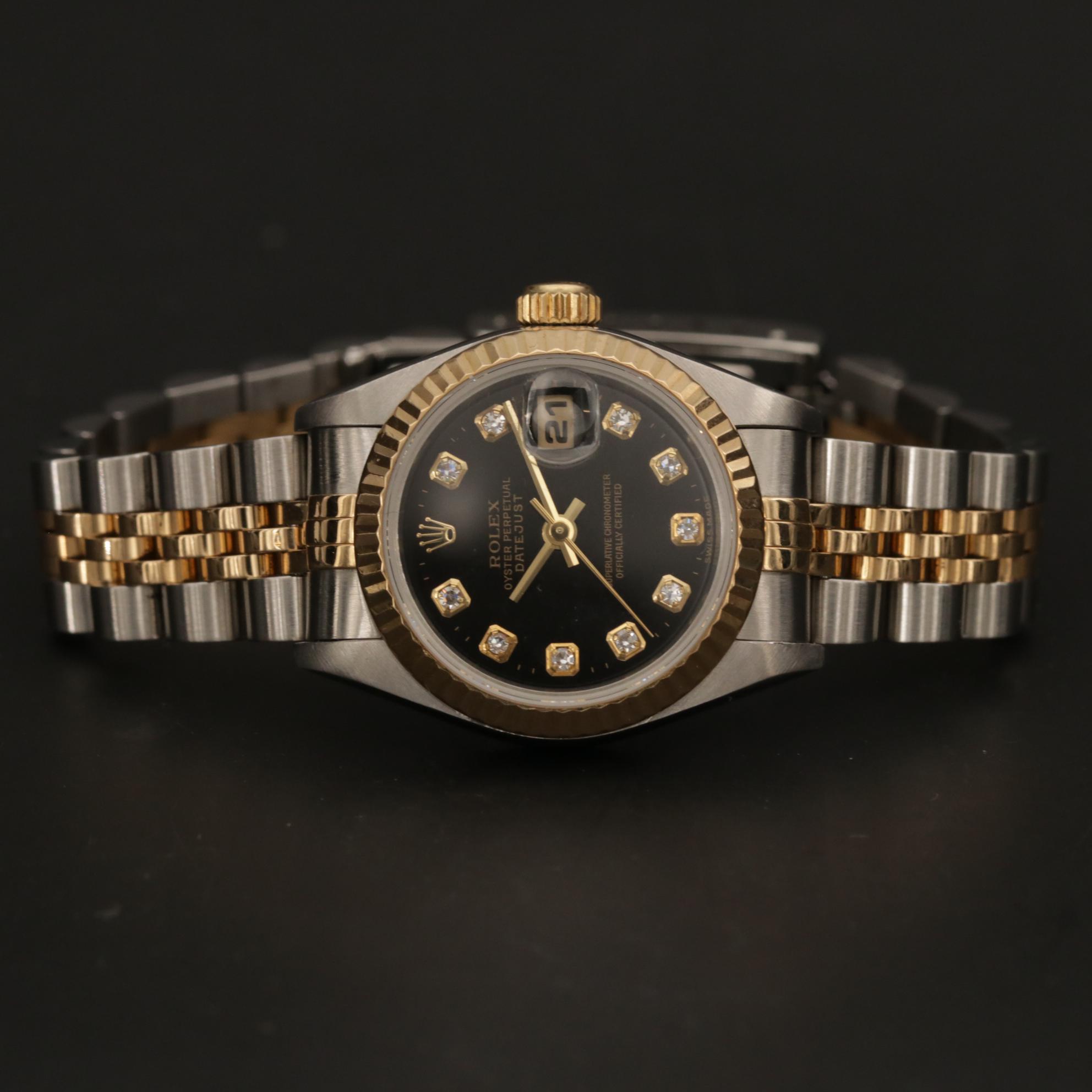 Rolex Datejust Factory Black Serti Diamond Dial 18K Gold and Steel Watch