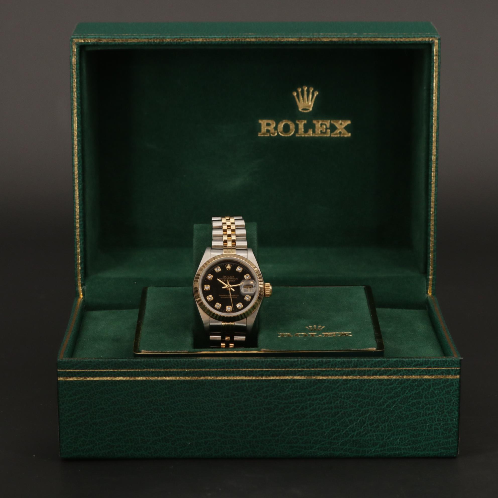 Rolex Datejust Factory Black Serti Diamond Dial 18K Gold and Steel Watch