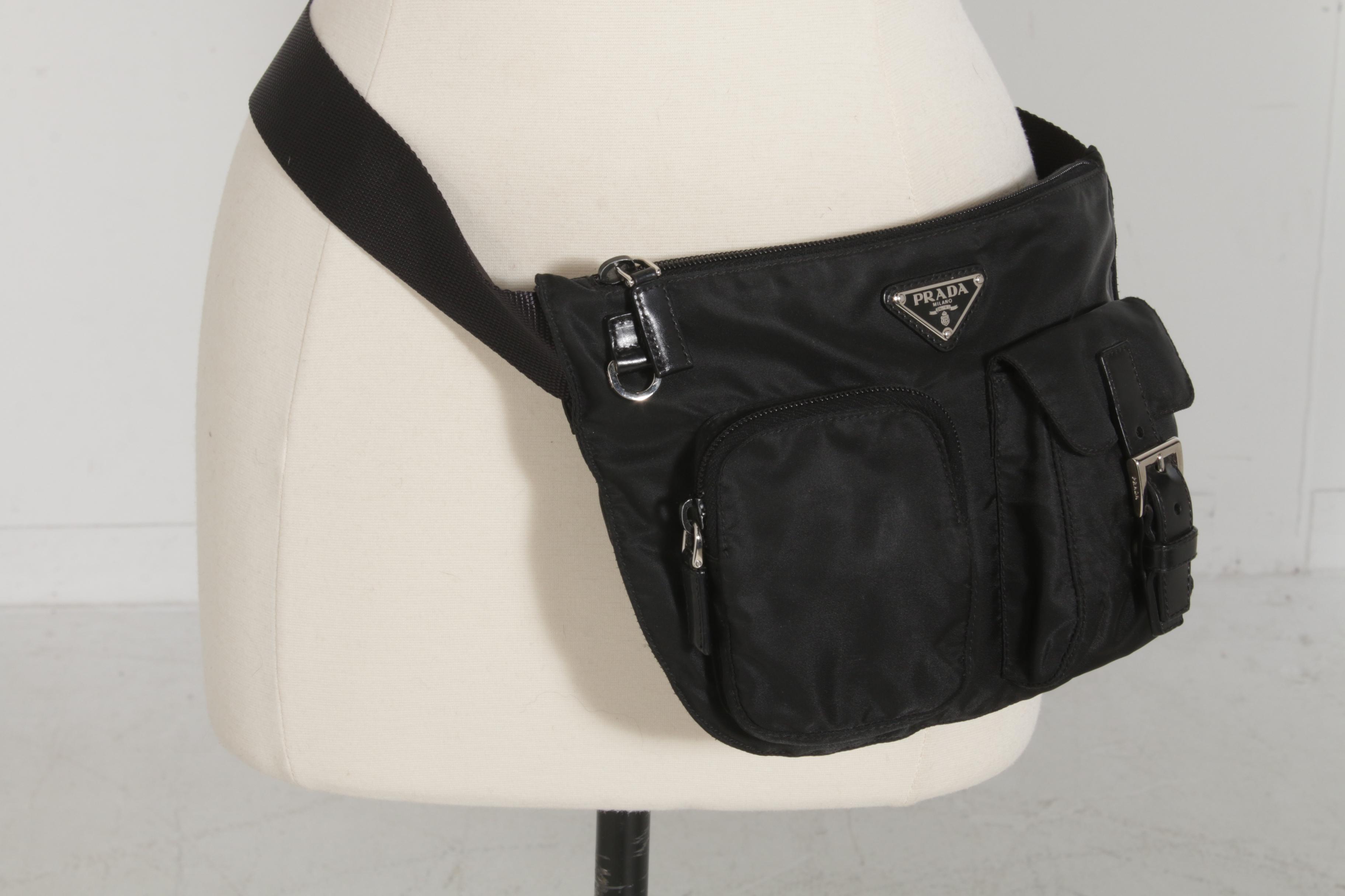 Prada Black Tessuto Nylon and Leather Hip Bag with Buckle Pocket