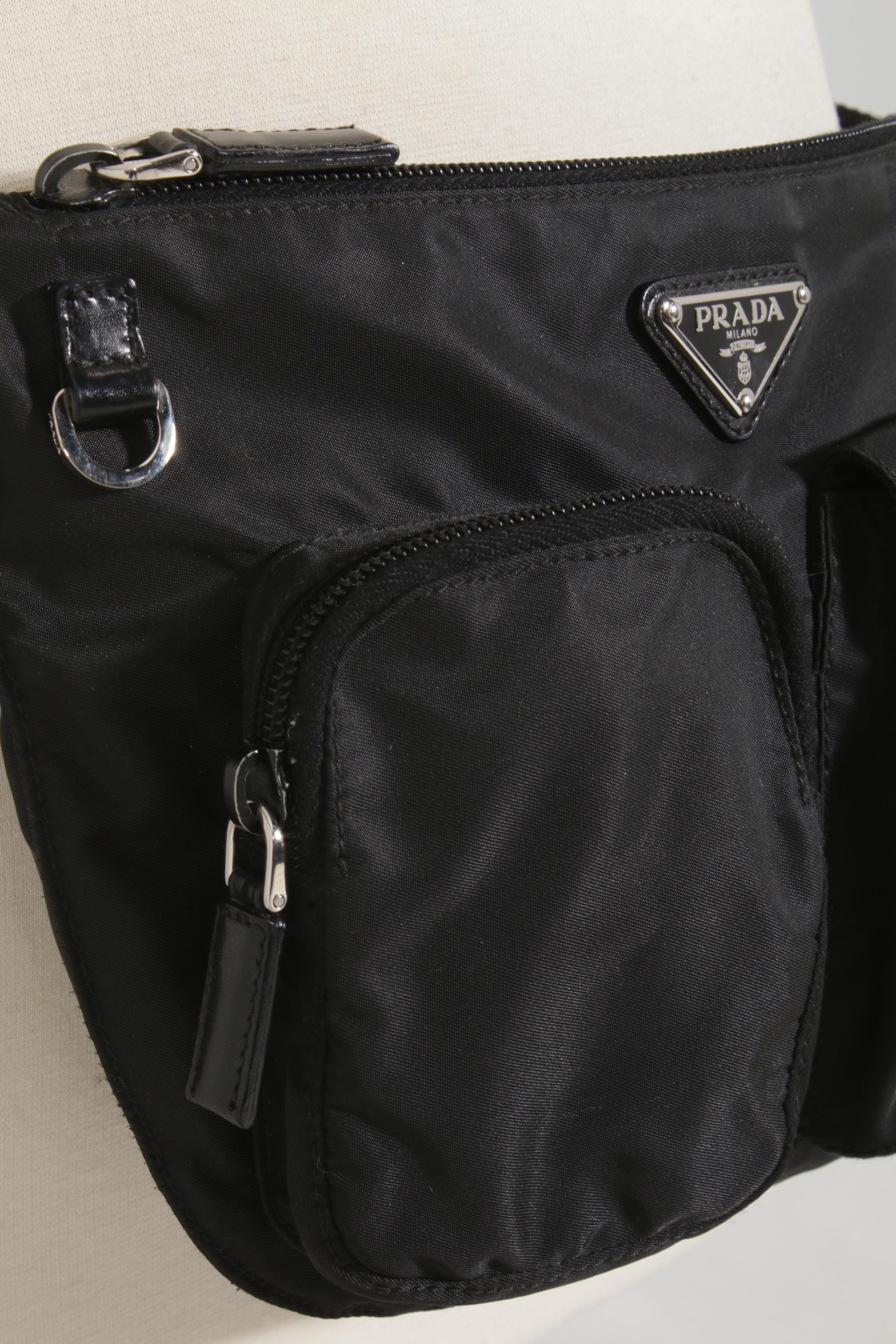 Prada Black Tessuto Nylon and Leather Hip Bag with Buckle Pocket