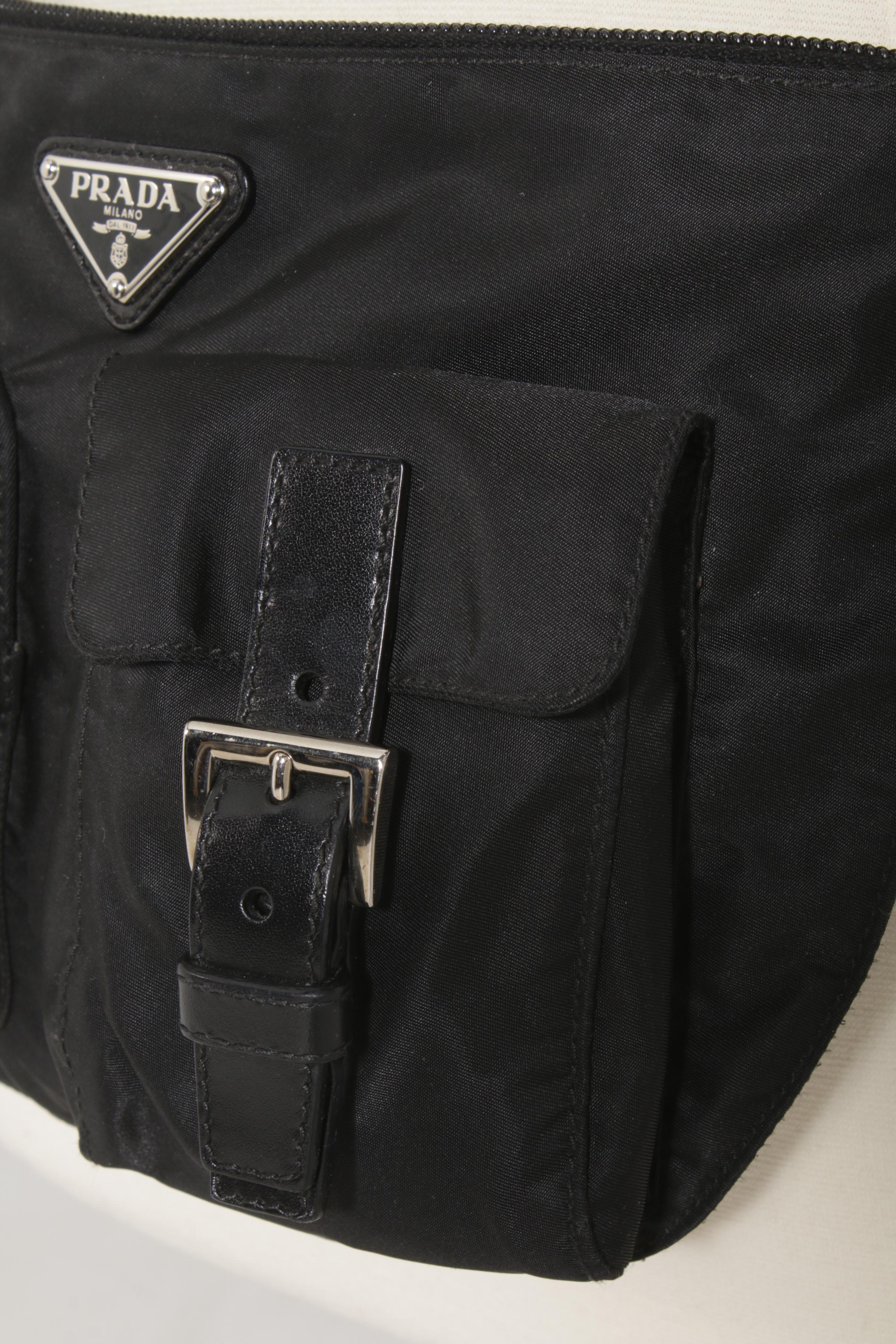 Prada Black Tessuto Nylon and Leather Hip Bag with Buckle Pocket