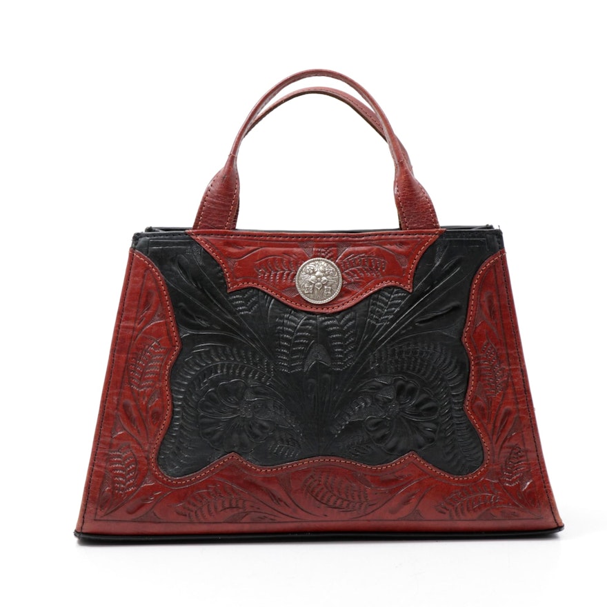 American West Southwestern-Style Tooled Leather Handbag in Red and Black