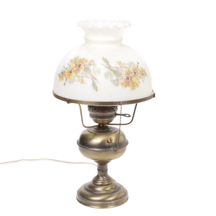 Converted Brass Oil Lamp with Hand Painted Glass Shade