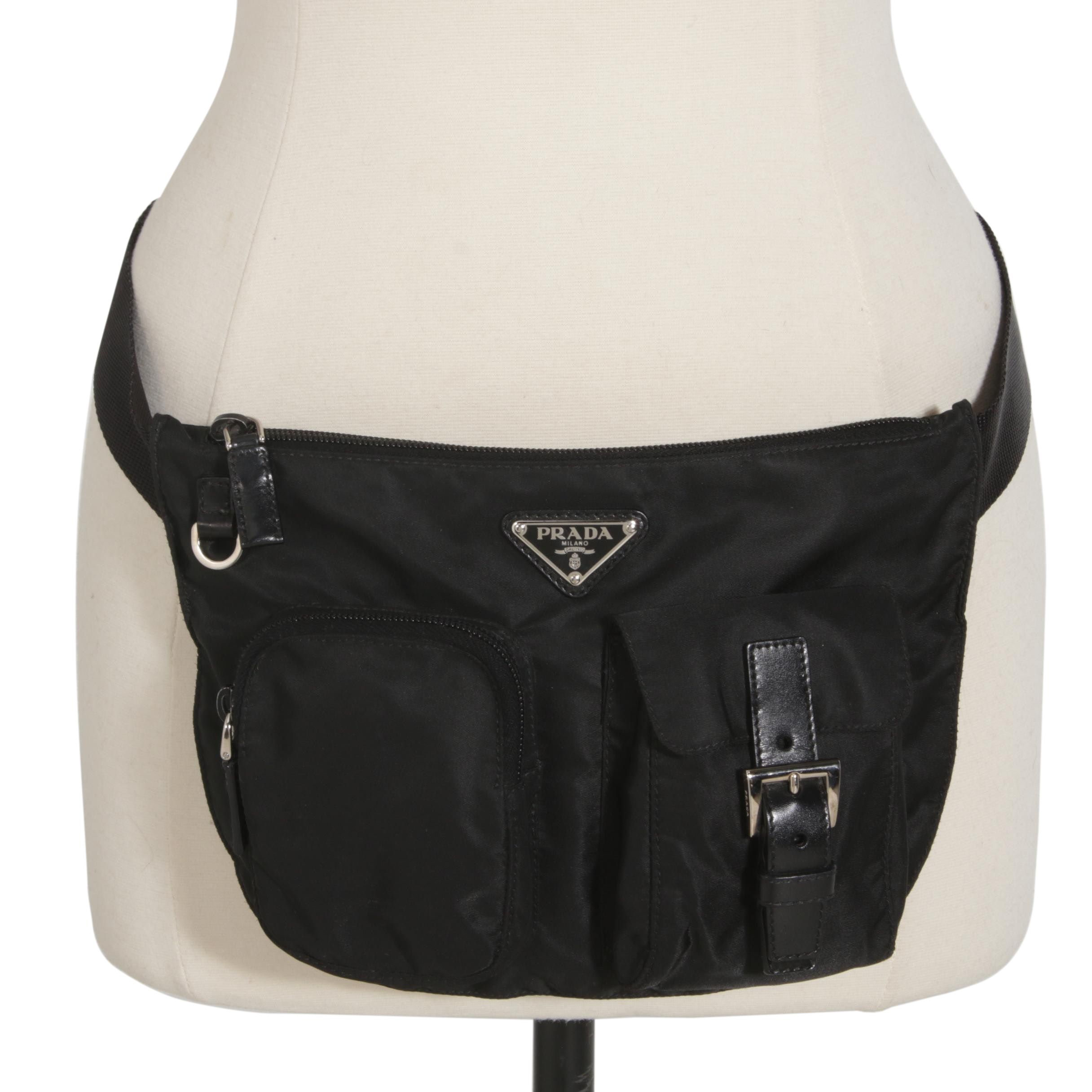 Prada Black Tessuto Nylon and Leather Hip Bag with Buckle Pocket
