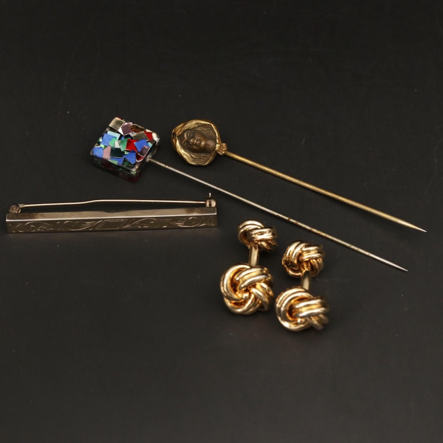 Mosaic and Art Nouvea Pin, Knotted Cufflinks and Scrollwork Brooch