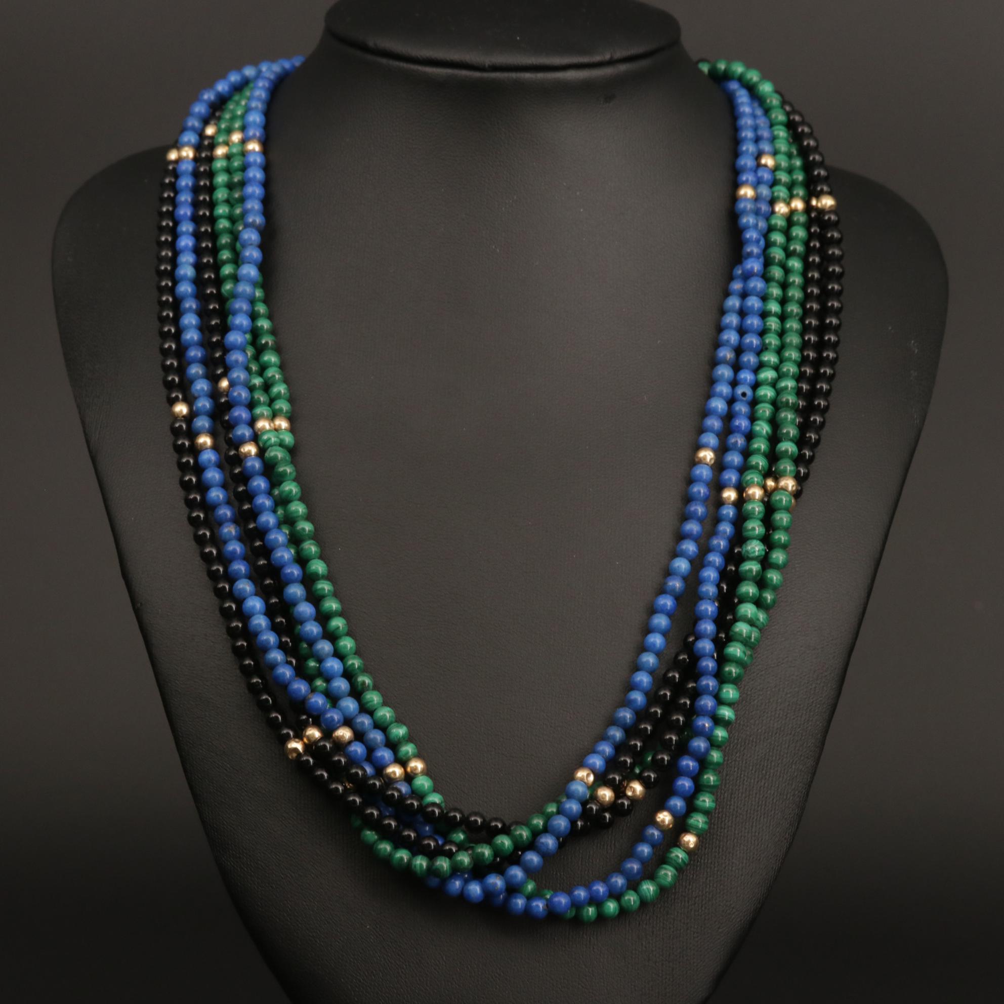 14K Yellow Gold Onyx, Lapis Lazuli and Malachite Strand Necklace