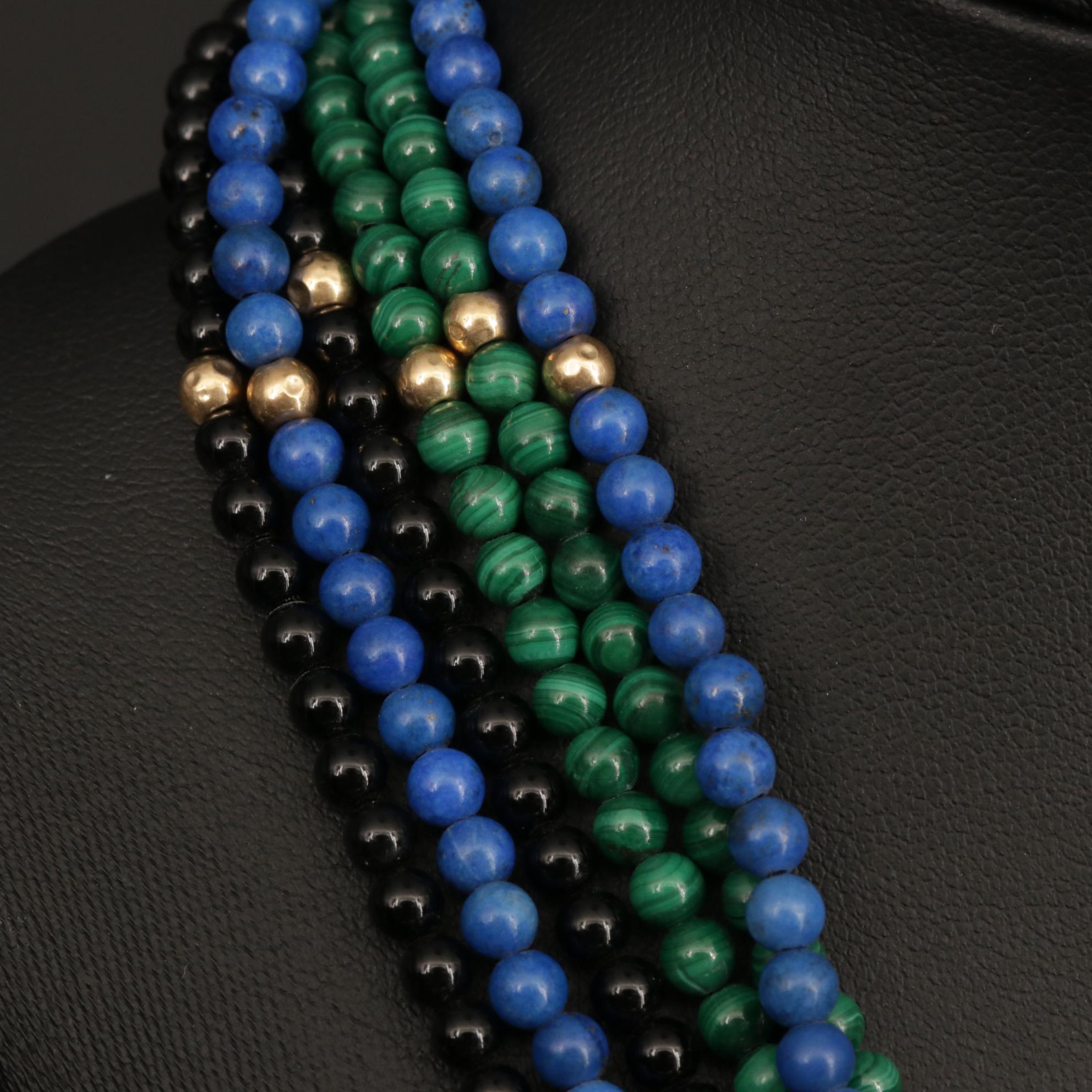 14K Yellow Gold Onyx, Lapis Lazuli and Malachite Strand Necklace