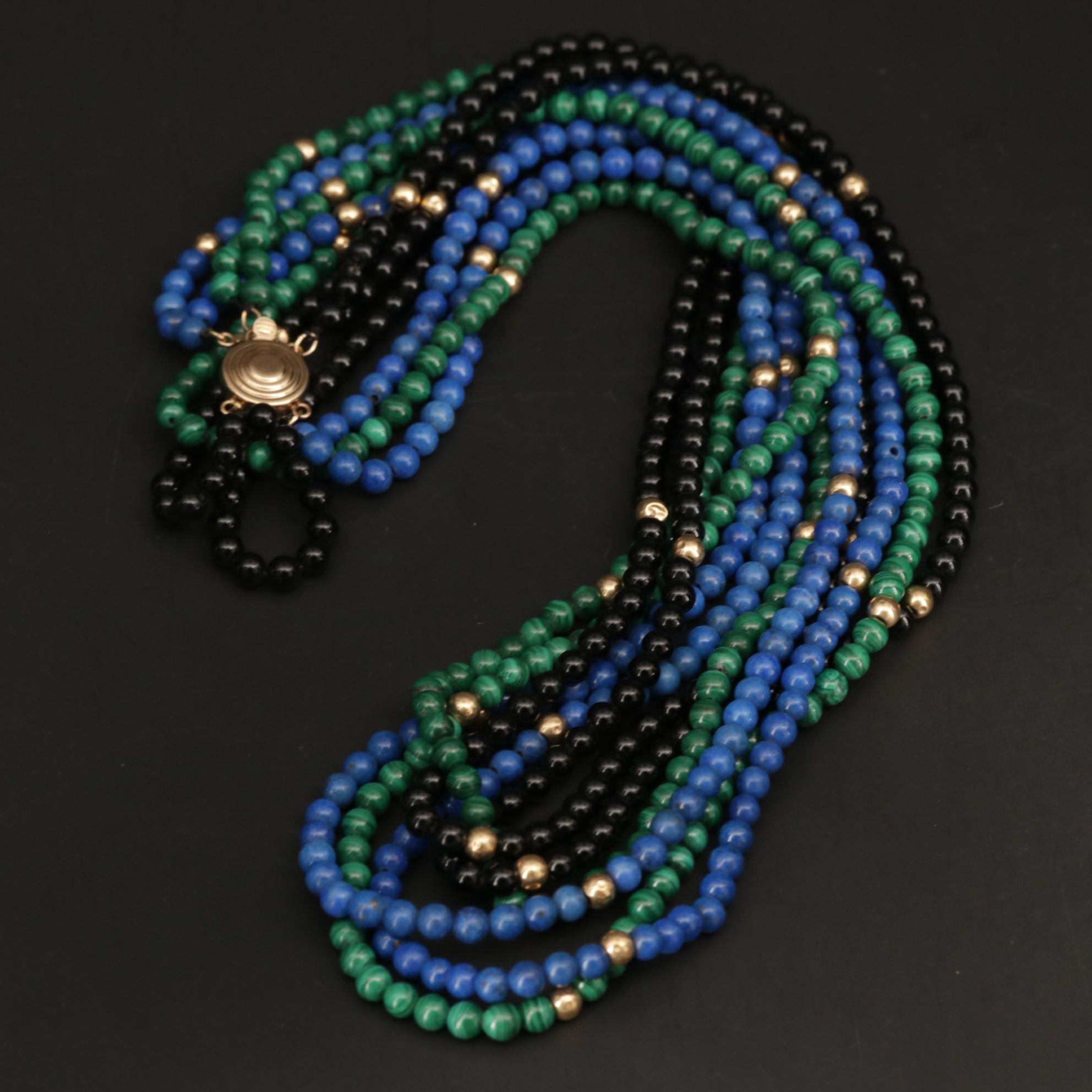 14K Yellow Gold Onyx, Lapis Lazuli and Malachite Strand Necklace
