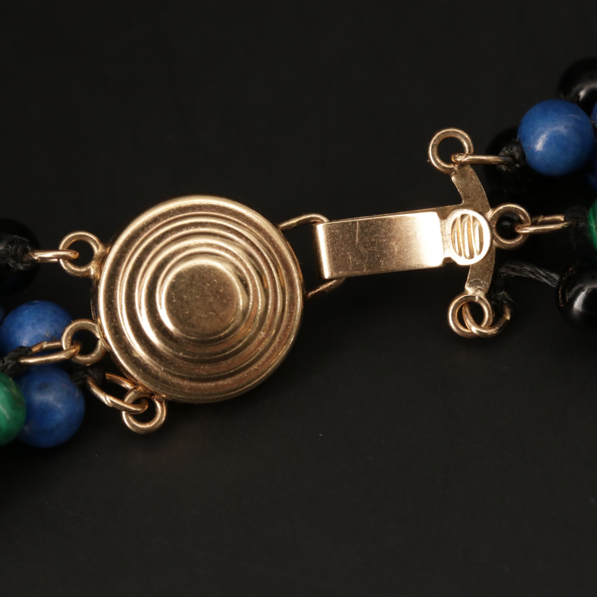 14K Yellow Gold Onyx, Lapis Lazuli and Malachite Strand Necklace