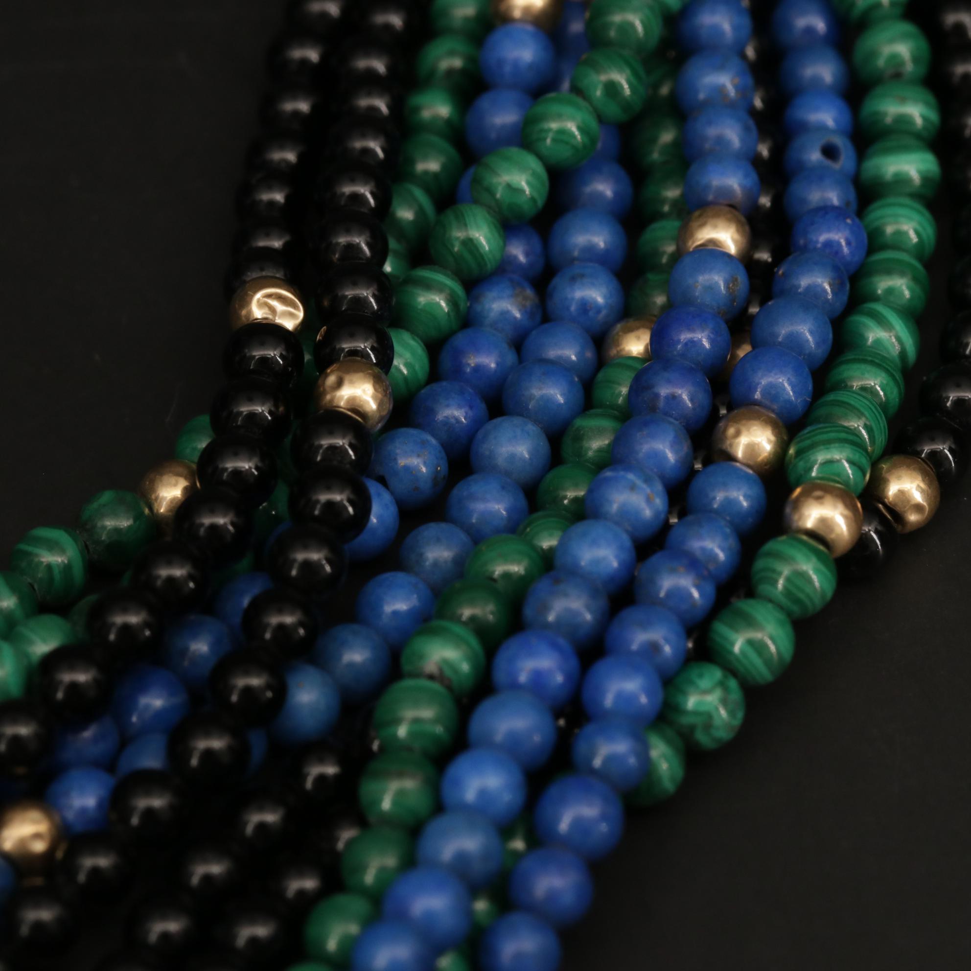 14K Yellow Gold Onyx, Lapis Lazuli and Malachite Strand Necklace