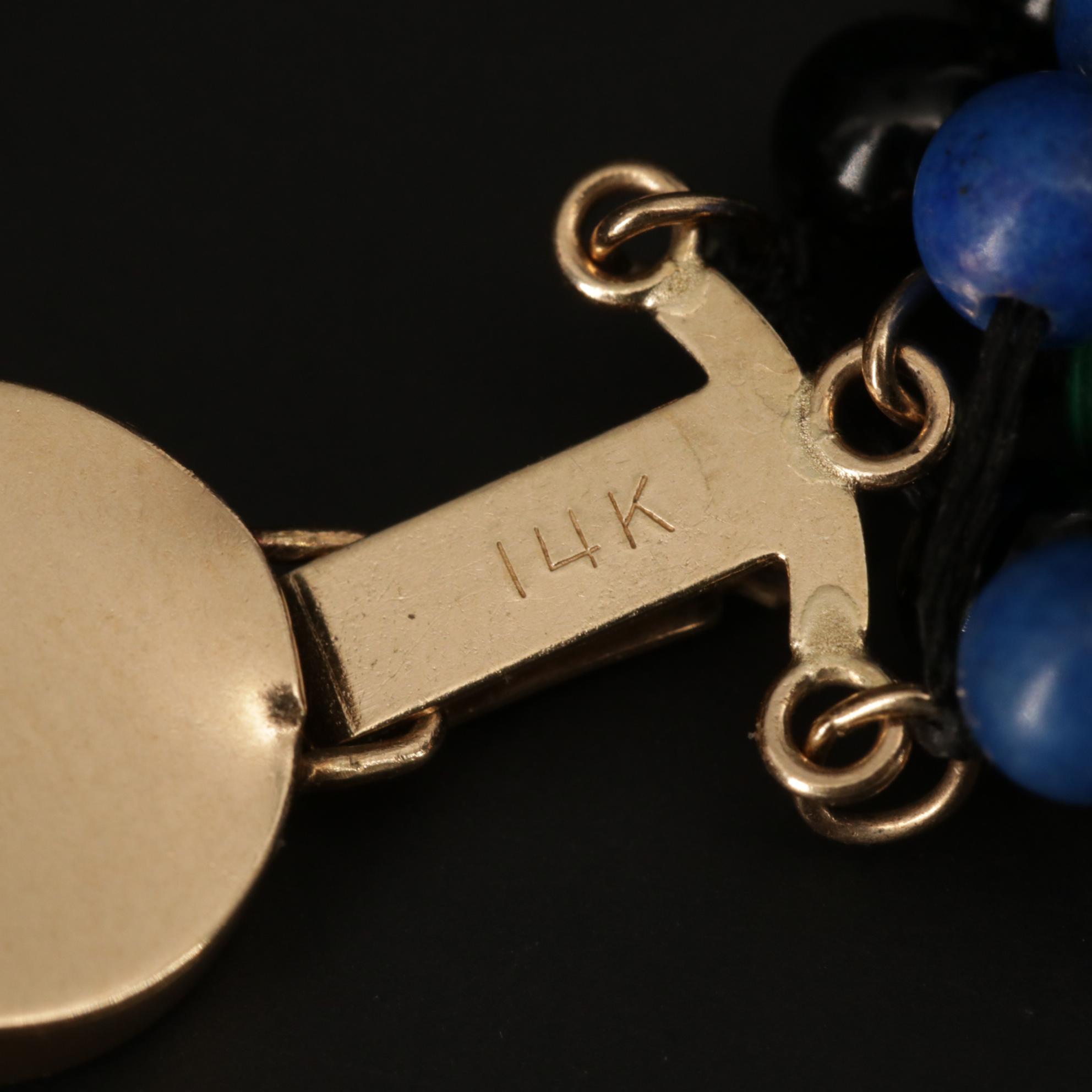 14K Yellow Gold Onyx, Lapis Lazuli and Malachite Strand Necklace