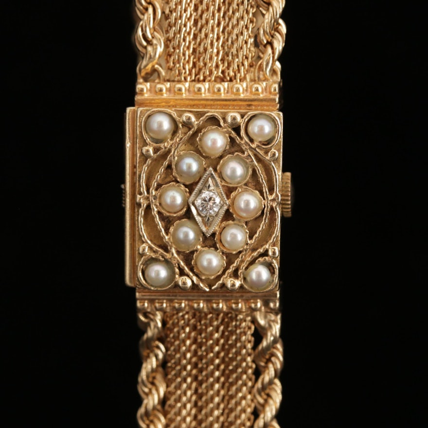 Vintage Lucerne 14K Gold Diamond and Pearl Secret Dial Wristwatch