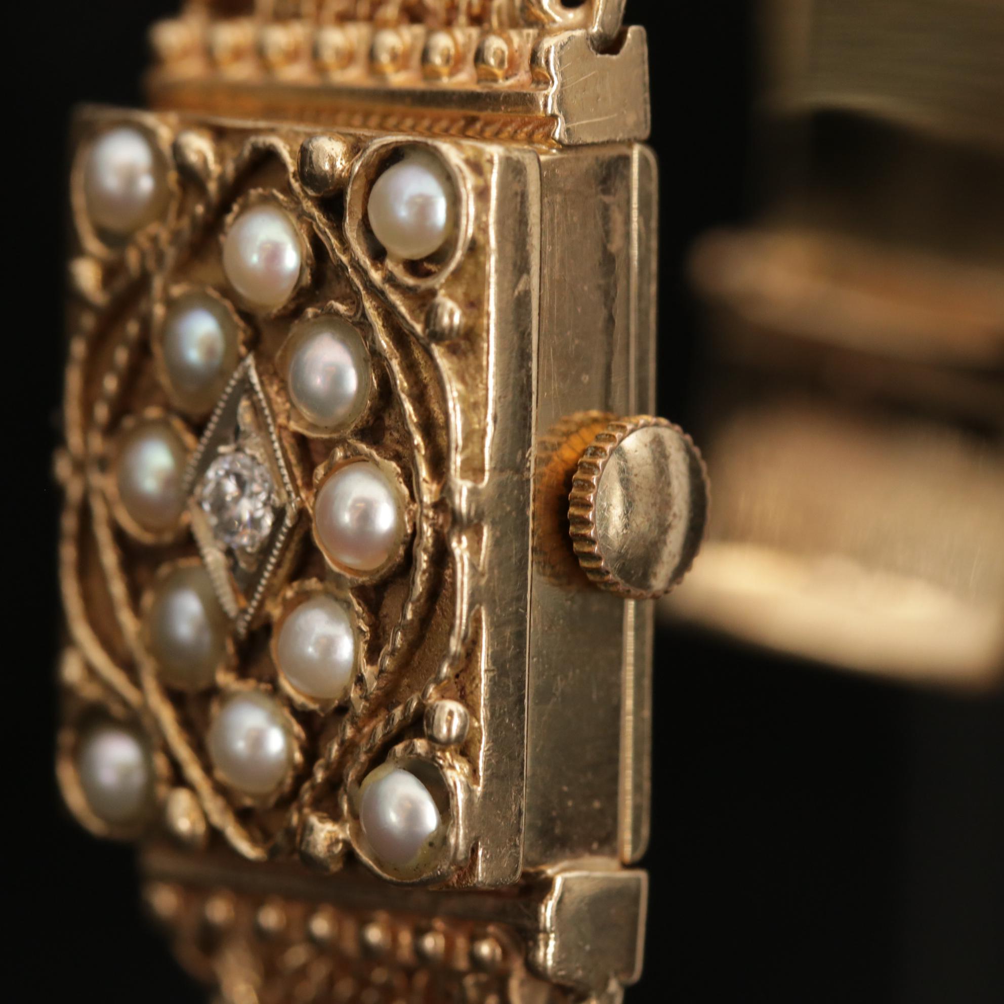 Vintage Lucerne 14K Gold Diamond and Pearl Secret Dial Watch