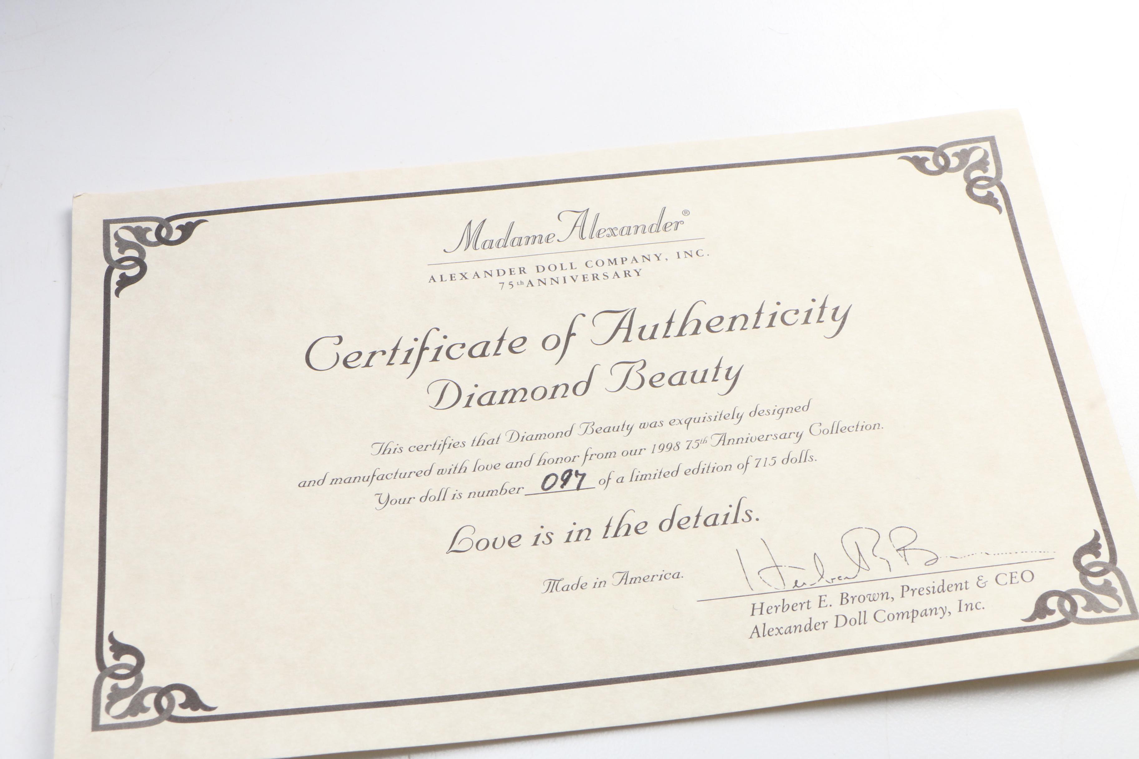 21" Madame "Diamond Beauty" 75th Anniversary Doll, Limited Edition, 1998 Alexan