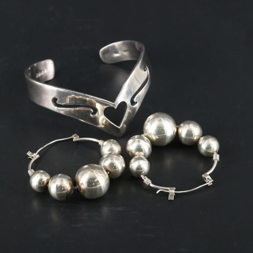 Mexican Sterling Silver Cuff Bracelet with Beaded Hoop Earrings