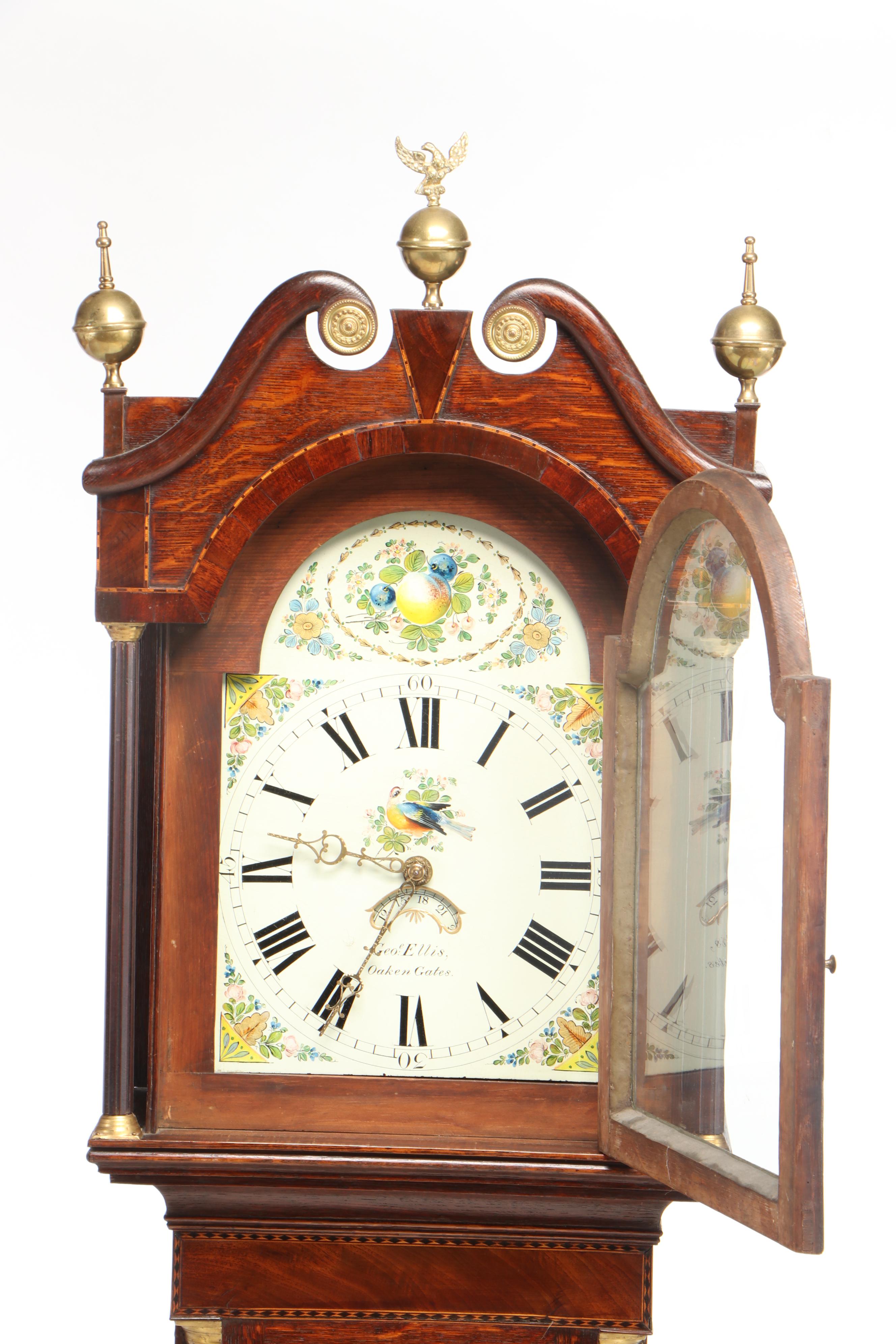George Ellis, Mahogany-Crossbanded Oak and Marquetry Longcase Clock, circa 1840