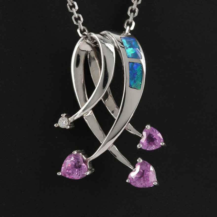 14K White Gold, Pink Sapphire, Opal and Diamond Pendant Necklace