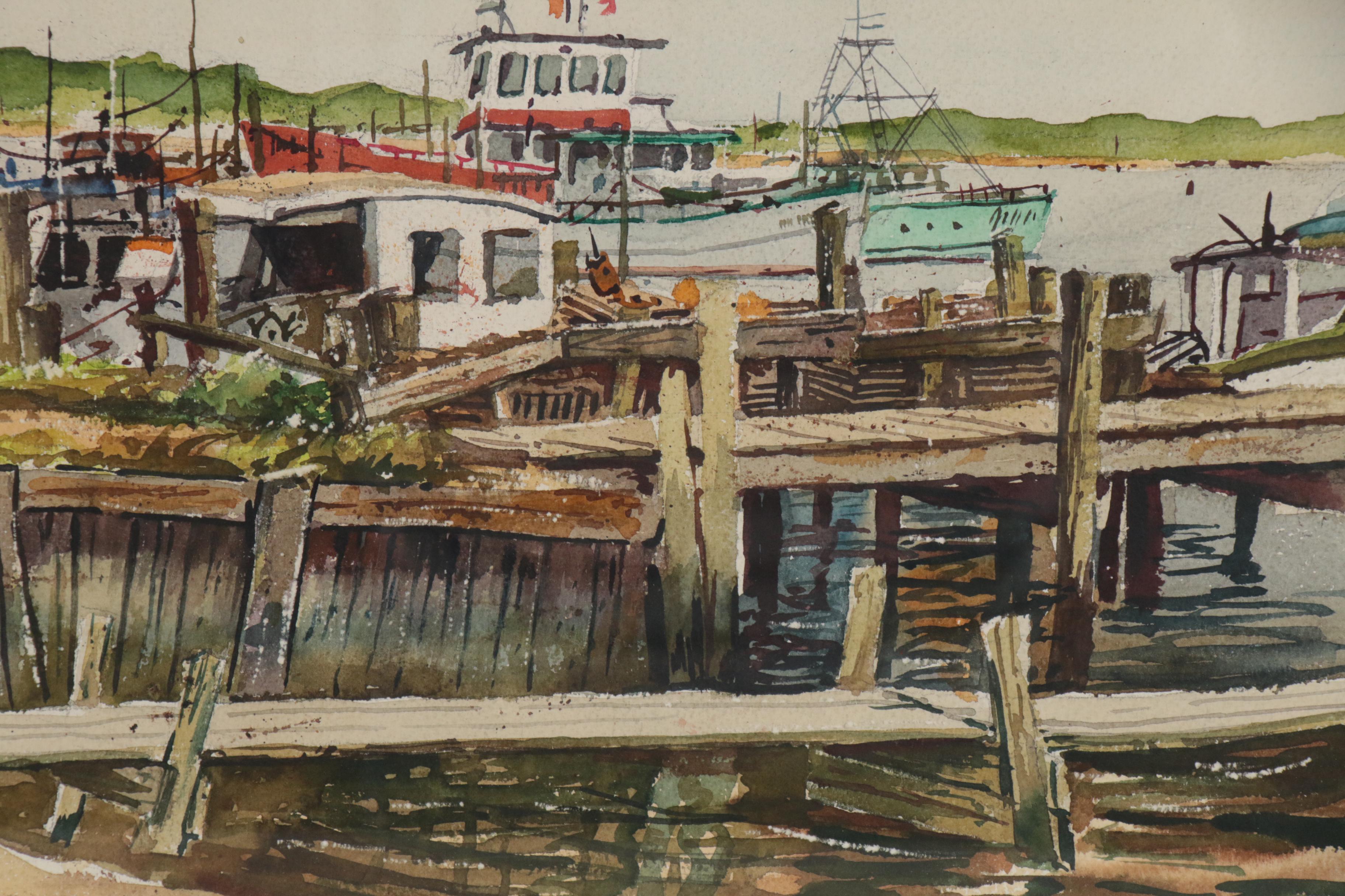 Watercolor Painting of Harbor Scene, 1969