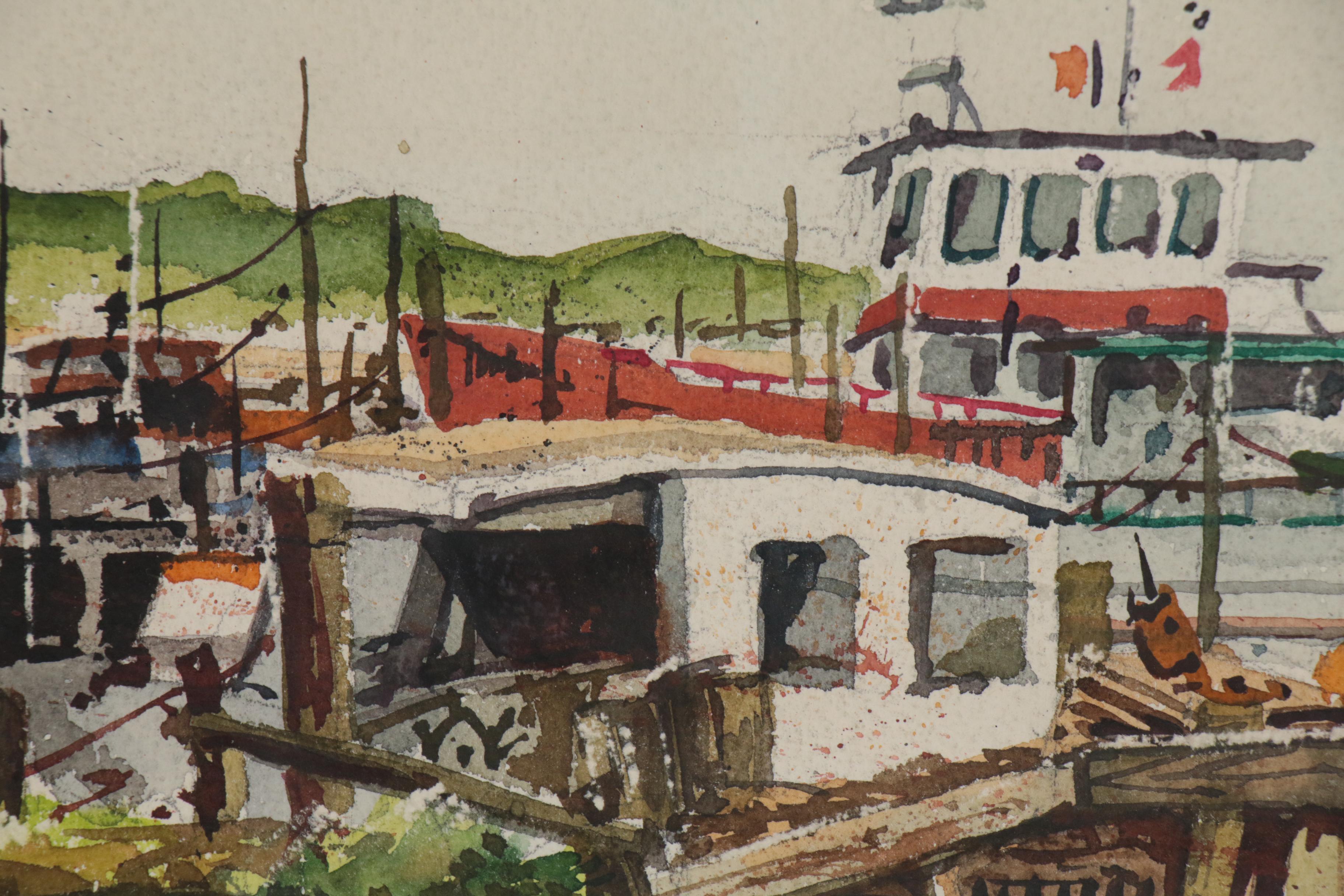 Watercolor Painting of Harbor Scene, 1969