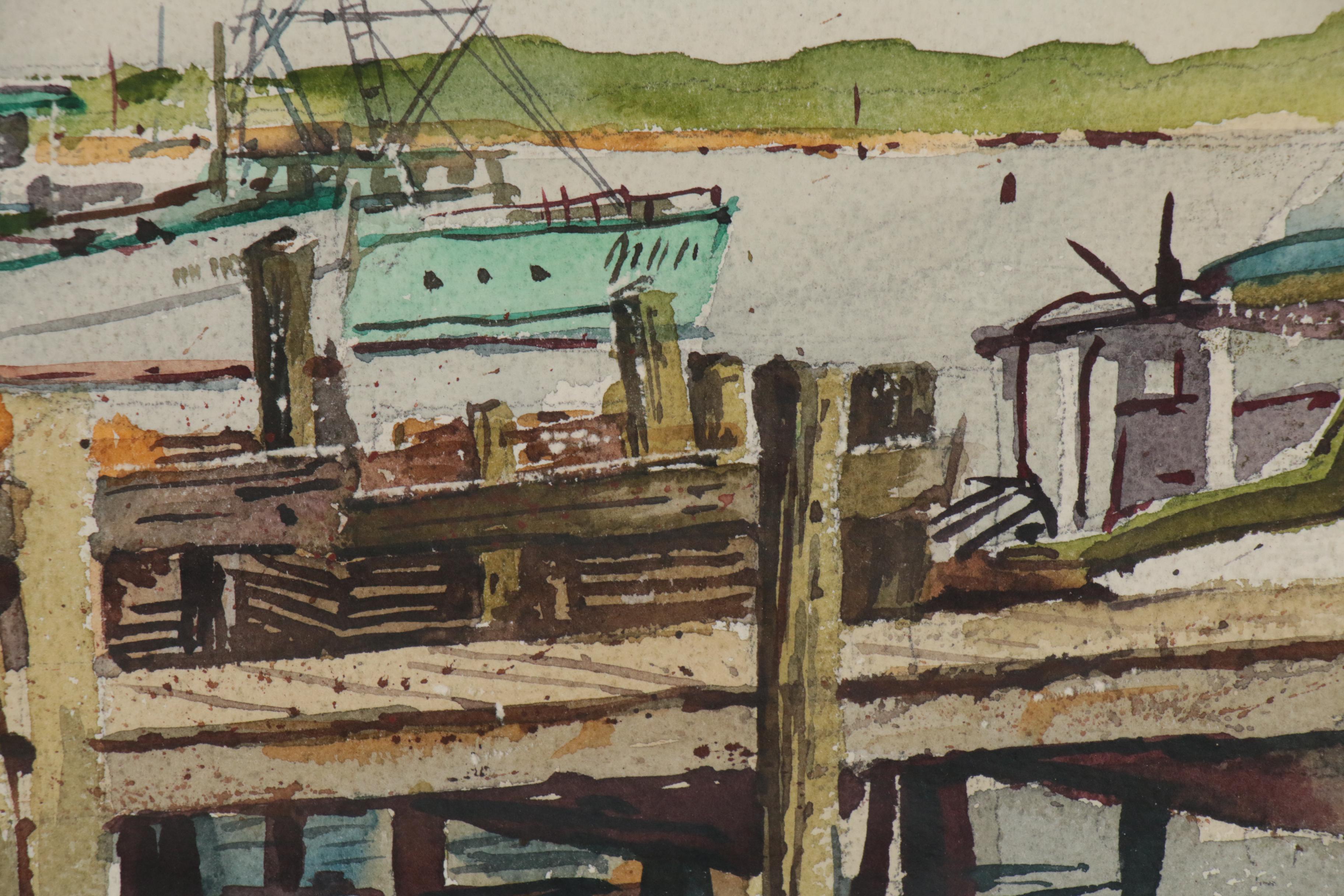 Watercolor Painting of Harbor Scene, 1969