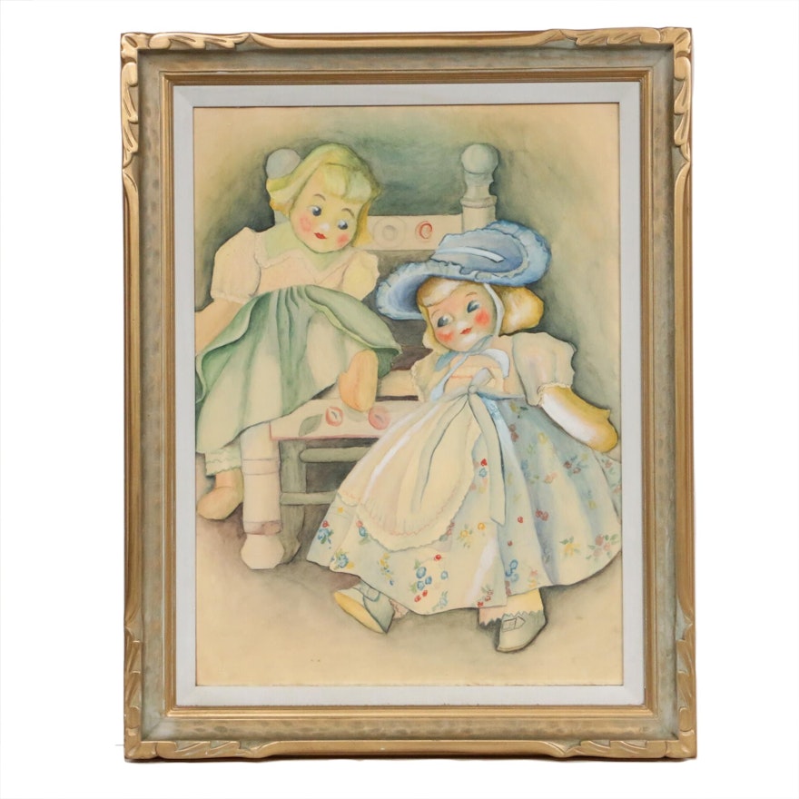 Watercolor Painting of Two Dolls, Mid-20th Century
