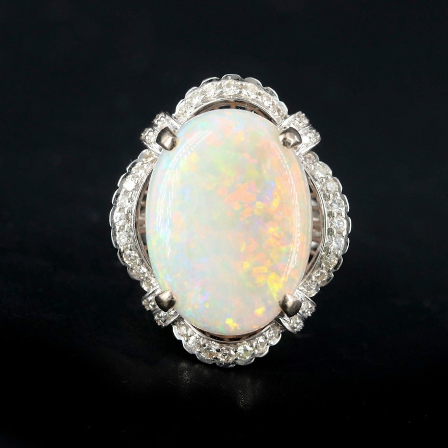 18K White Gold 11.70 CT Opal and Diamond Ring