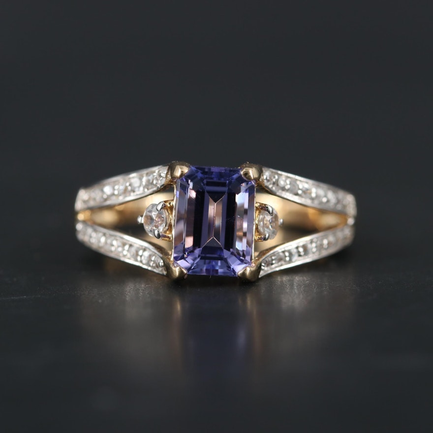 14K Yellow Gold Tanzanite and White Topaz Ring