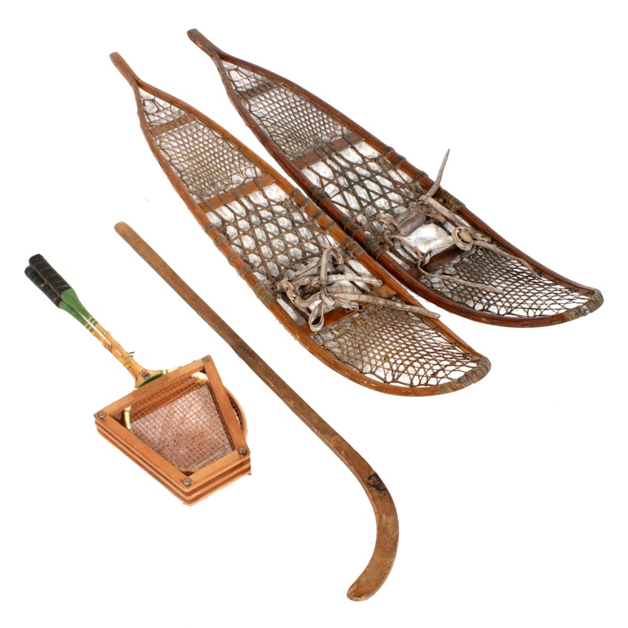 Bentley-Wilson Snowshoes with Badminton Racquets and Hockey Stick, Vintage