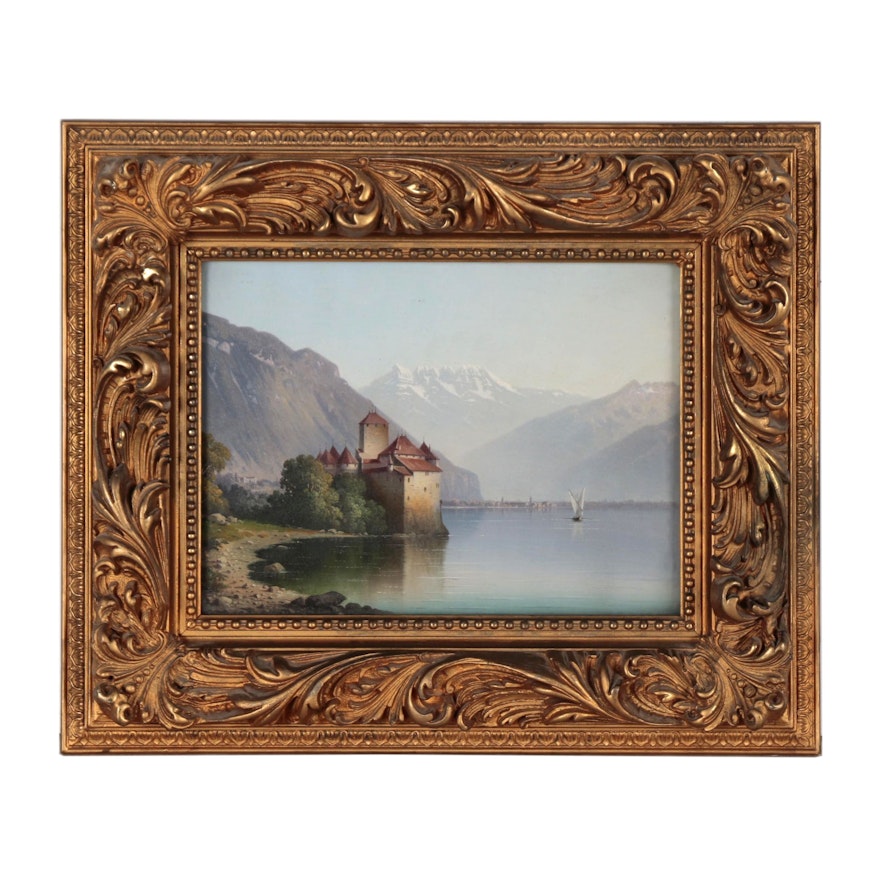 Oil Painting of Château de Chillon, Early 20th Century