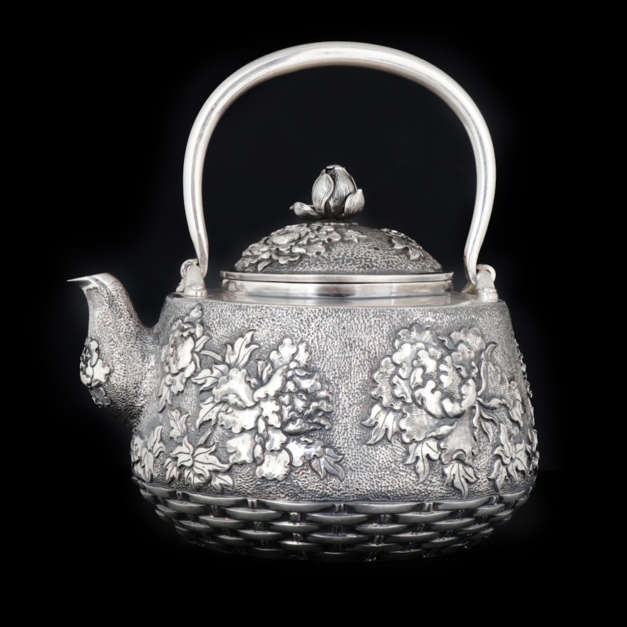 Samurai Shokai Japanese Sterling Silver Repoussé Peony Teapot, Meiji Period