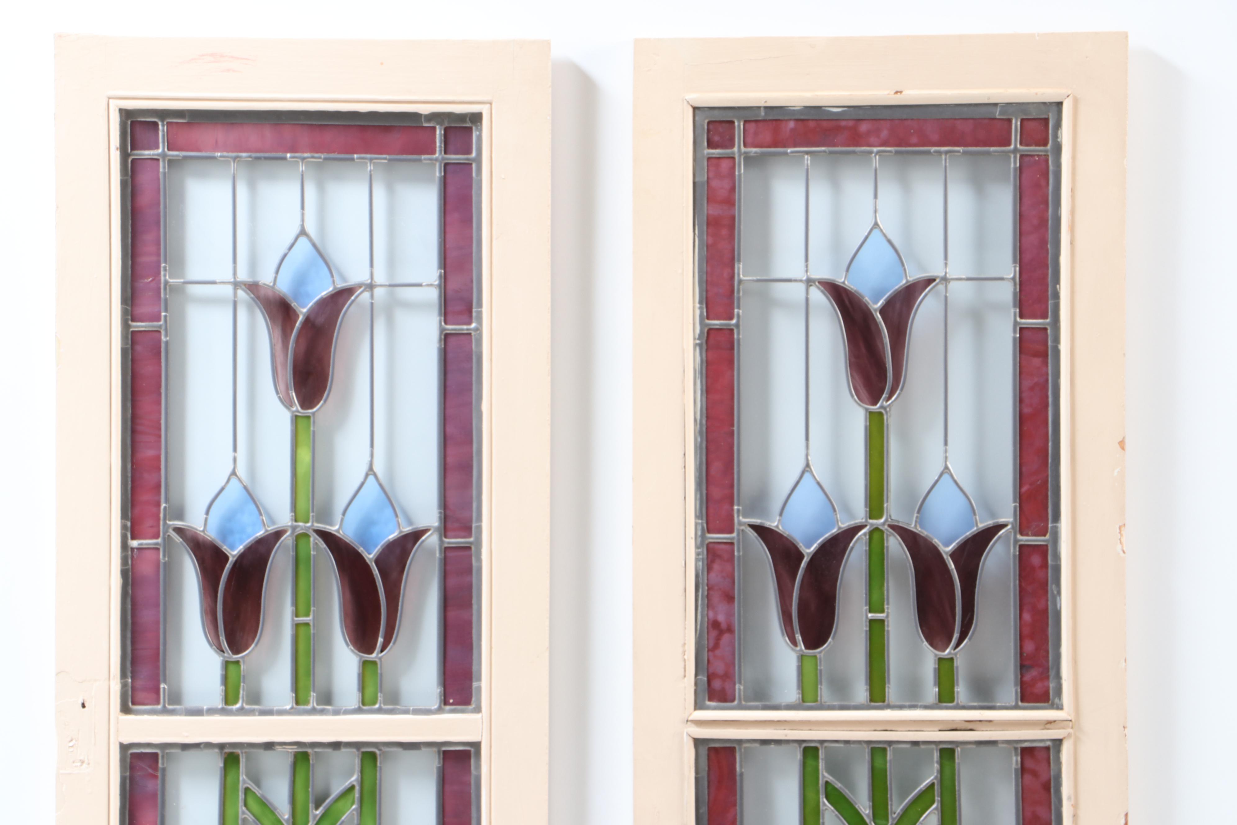 Pair of Leaded Stained Glass Cabinet Doors, Early 20th Century