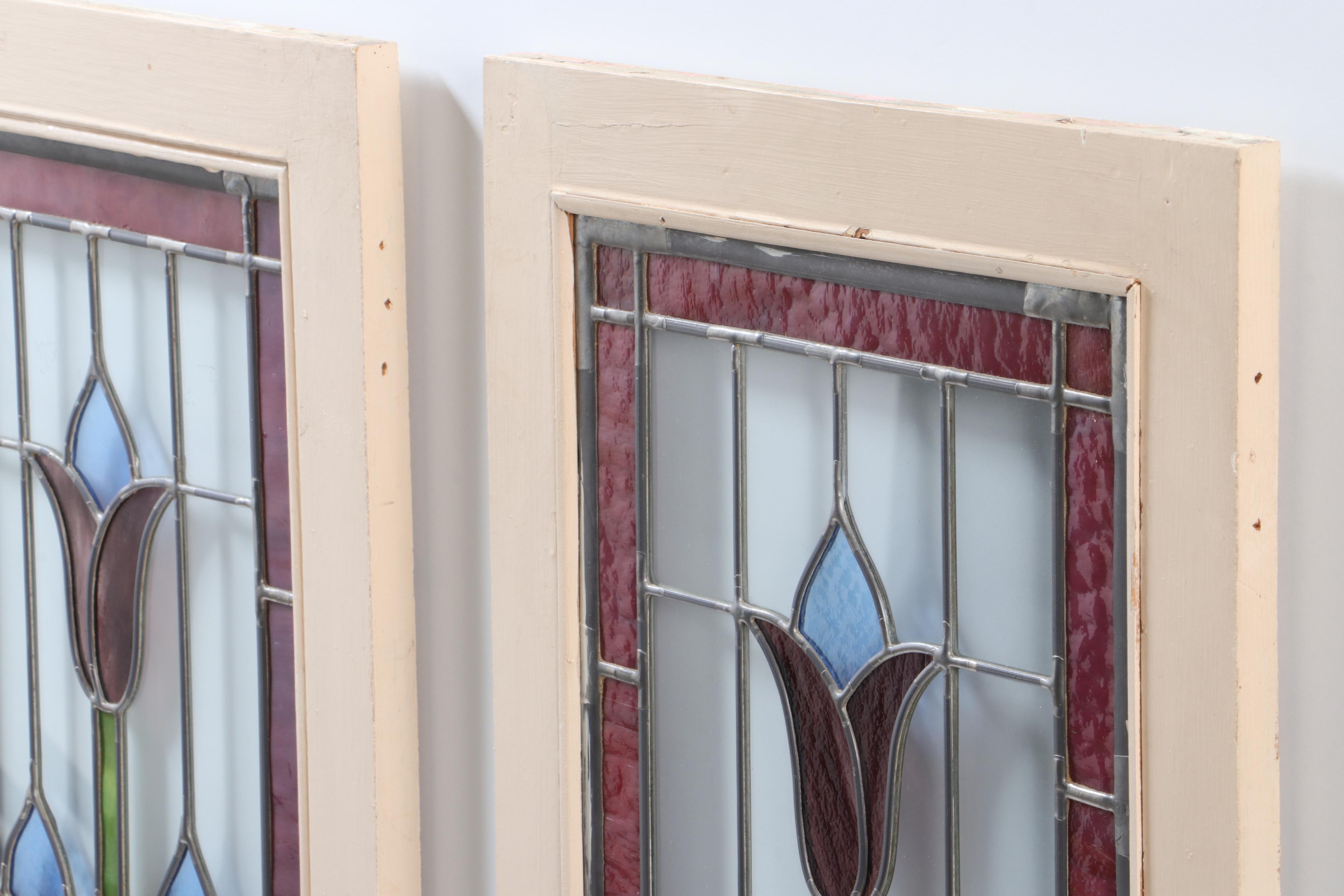 Pair of Leaded Stained Glass Cabinet Doors, Early 20th Century