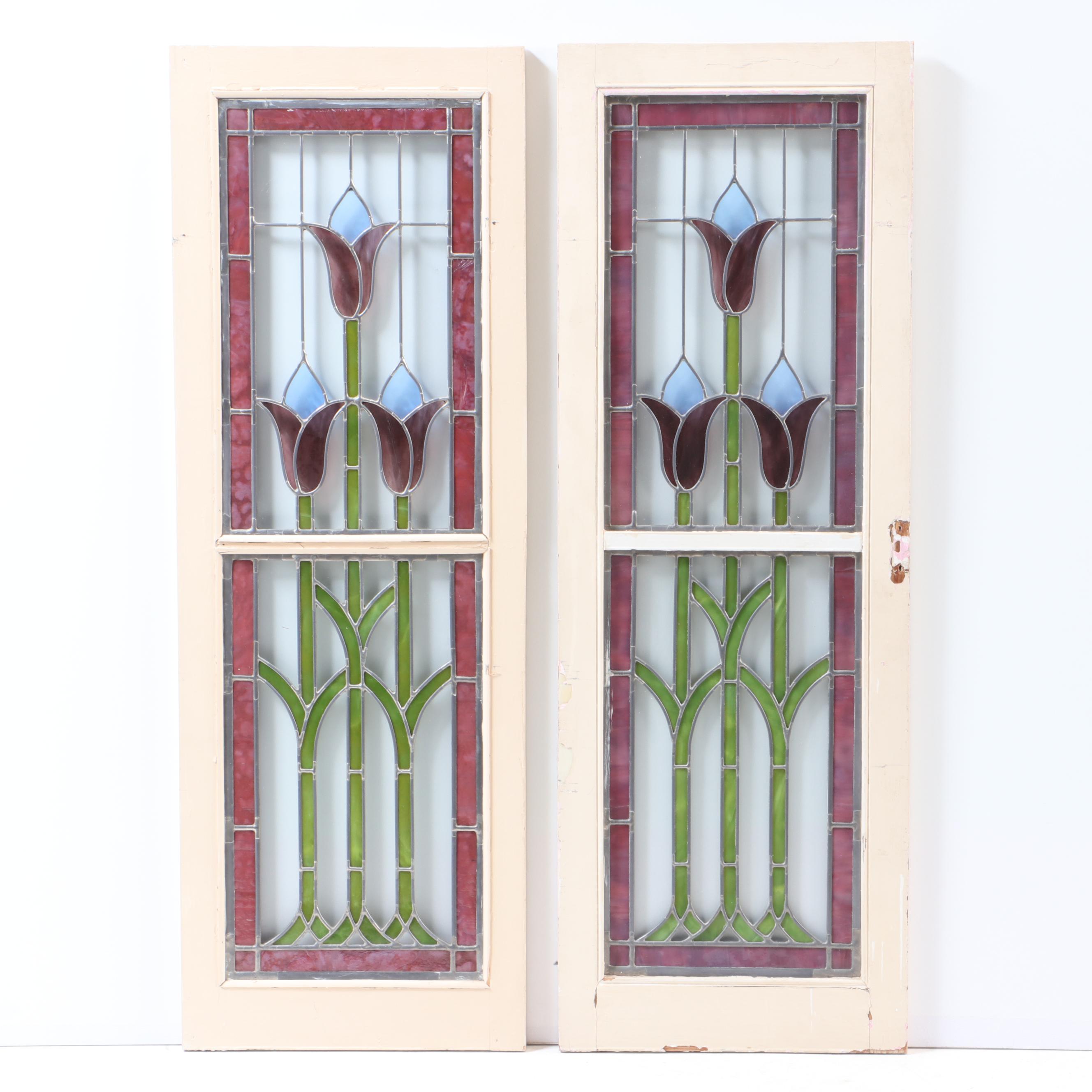 Pair of Leaded Stained Glass Cabinet Doors, Early 20th Century